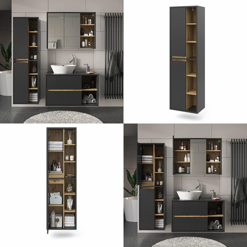 Vicco Armario de baño Viola, Antracita, 50 x 170 cm con Puertas y Compartimentos Abiertos, Apto para Montaje en Pared y combinable con Otros Muebles Viola