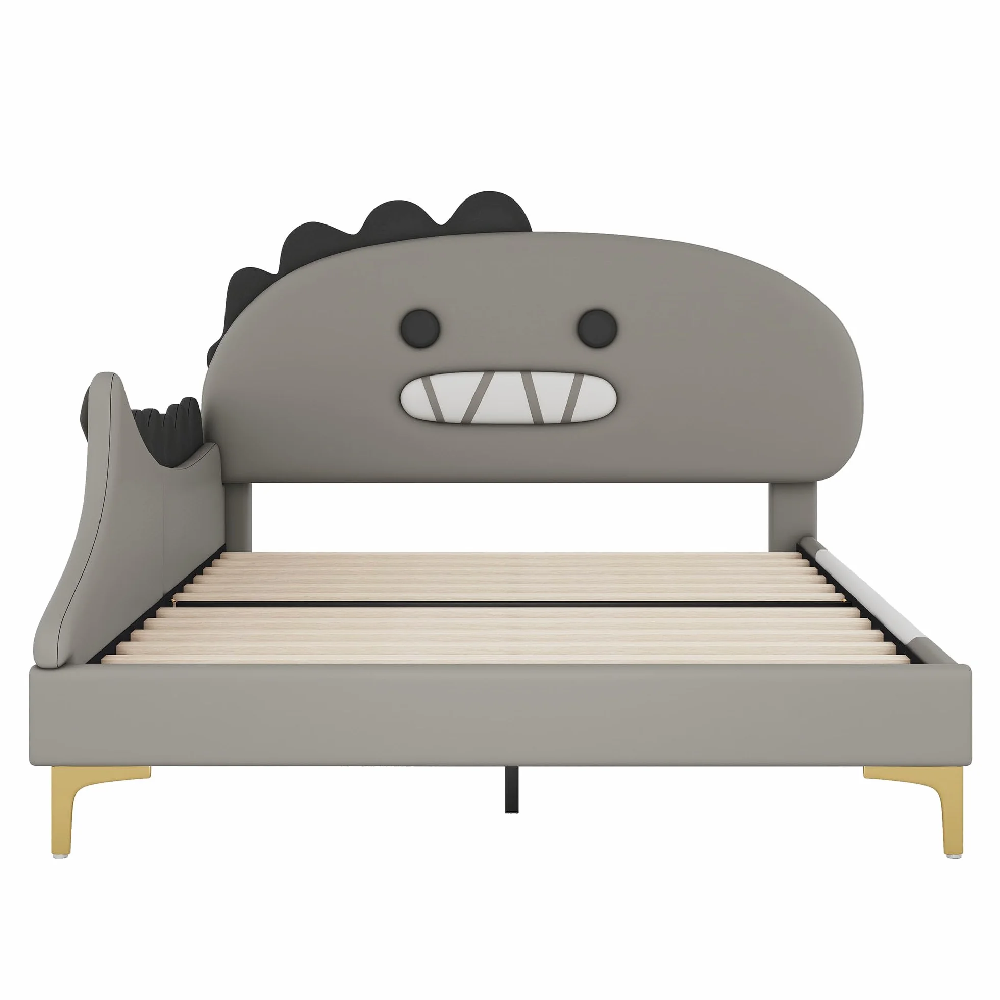 Cama infantil de 140 x 200 cm, diseño de dinosaurio, cama plana, material de poliuretano, color gris