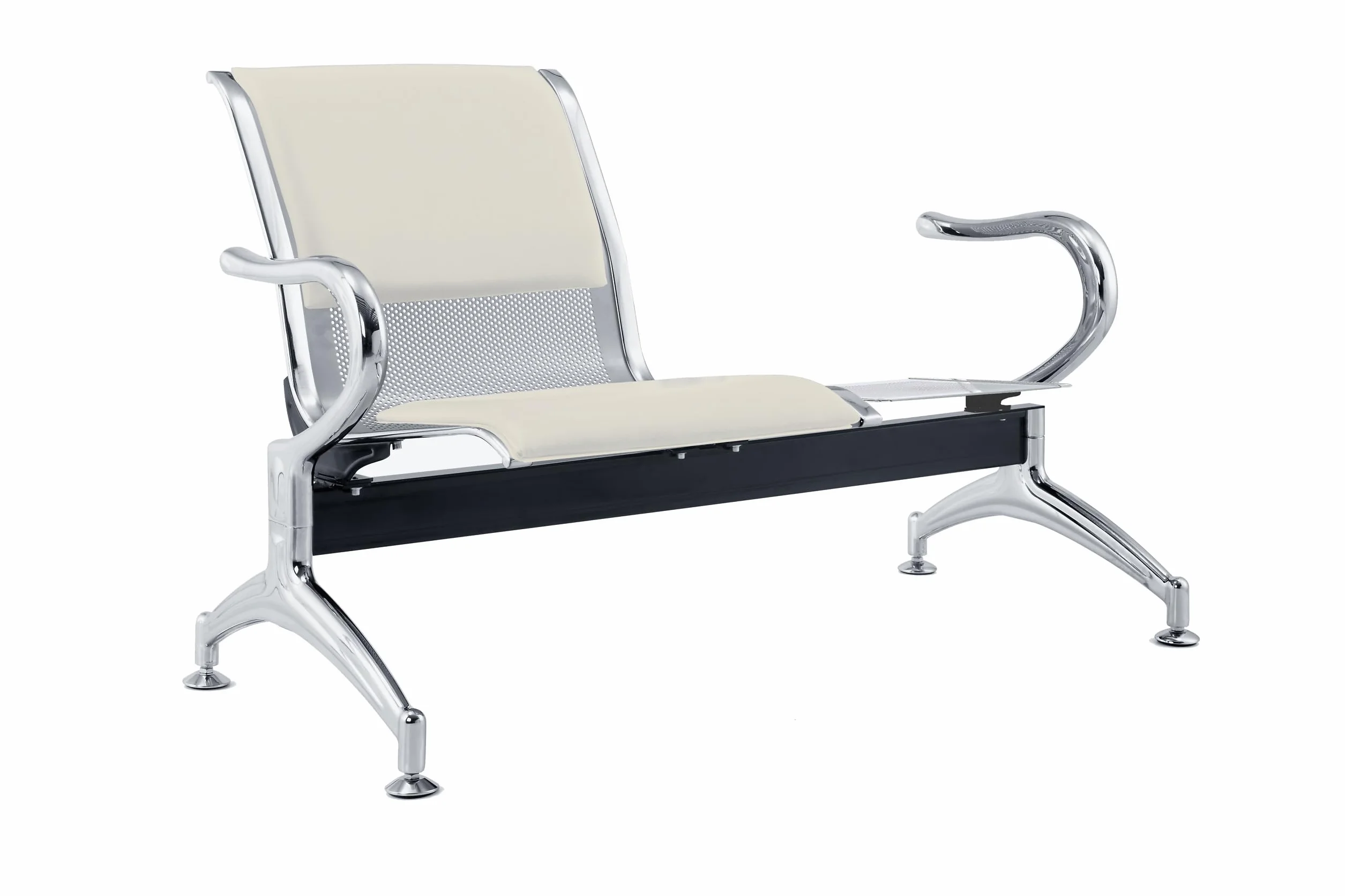 Banco de 2 plazas acero 125 x 71 x 78 H plateado para sala de espera | disponible para montar: 2 asientos + mesa | Con cojín para asiento y respaldo MARFIL 102 | Banco con reposabrazos