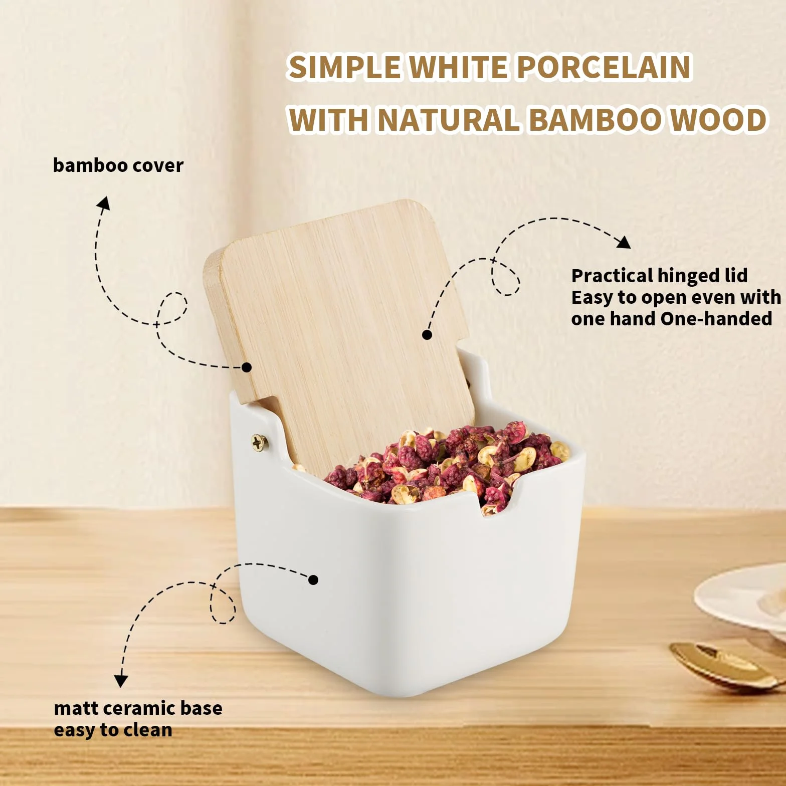 Azucarero, contenedor de sal de cerámica, para condimentos, tarros de especias con tapa de bambú y cuchara de cerámica para el hogar y la cocina (A)