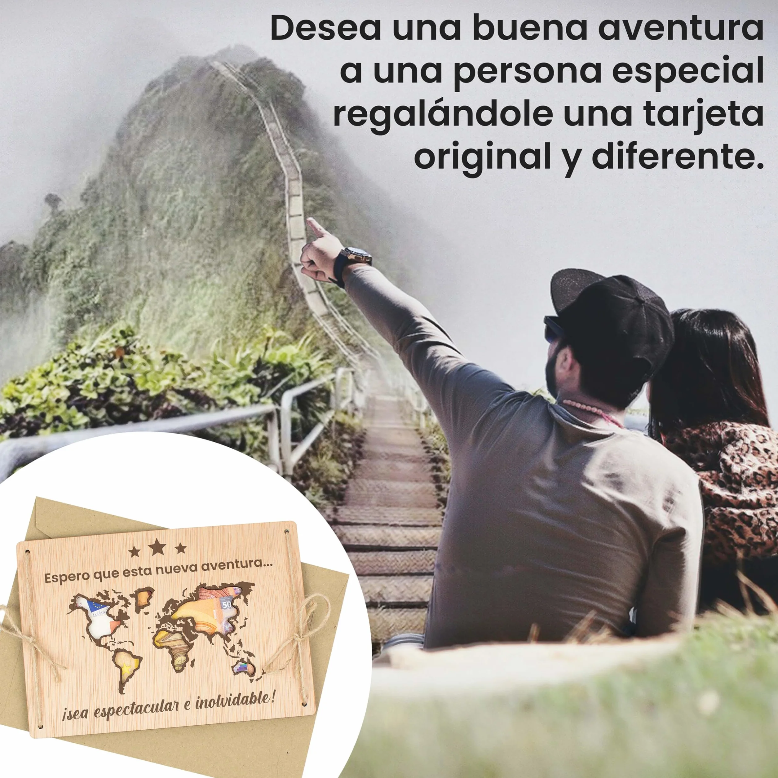 CONTRAXT Tarjeta de Madera para Fondo de Viaje Regalo Original Vacaciones Aventuras Soporte Creativo Regalar Dinero