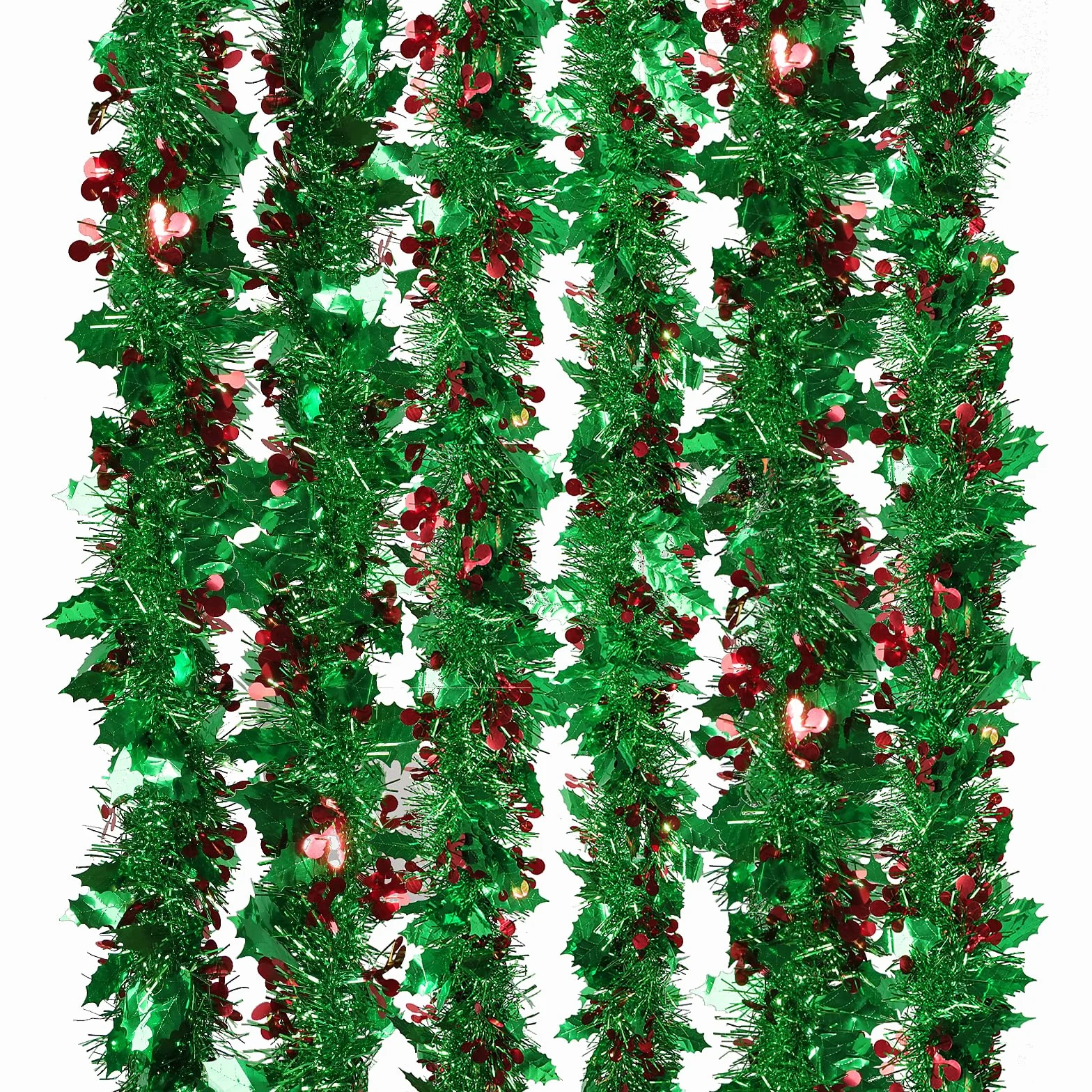 GEBETTER 6Pcs x 2m Guirnaldas Navidad, Espumillon Árbol Navidad, Oropel Hojas Verdes Bayas Rojas, Decoración Navideña Adorno Escalera Chimenea Pared Techo Ventana Hogar Fiesta Regalo (Verde)