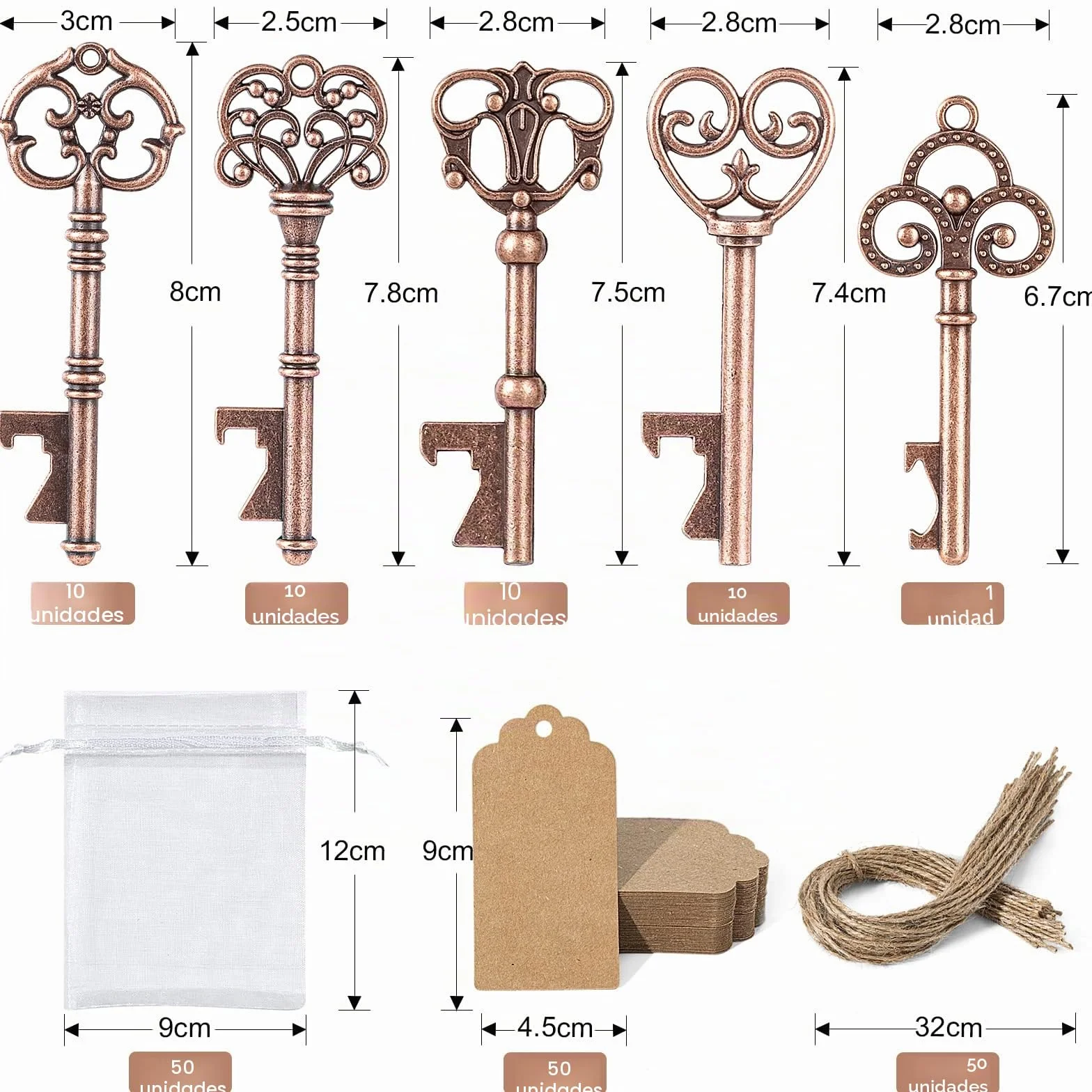 GoMaihe Clave Abrebotellas 50Pcs 5 Estilos Retro con Bolsa Transparente Etiqueta Regalo Decoración Mesa Boda