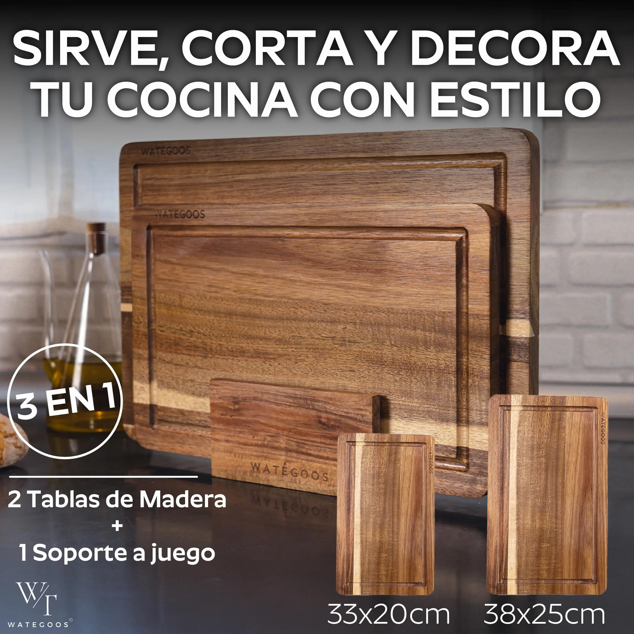 2 Pack Tablas de Cortar Madera Acacia con Soporte para Quesos - Ecológica Resistente Antibacteriana