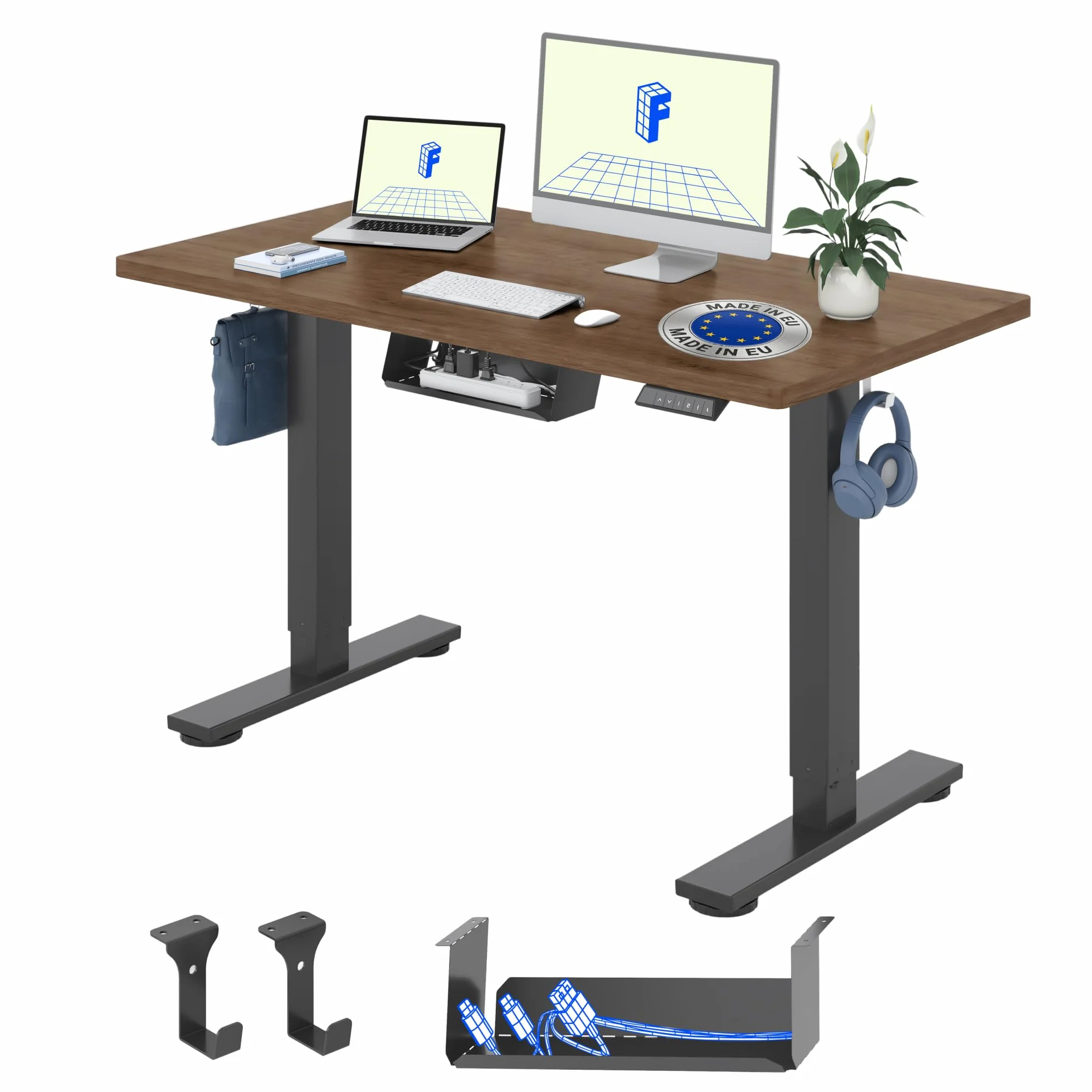 FLEXISPOT Escritorio Elevable Eléctrico con Tablero Acabado de Roble Hecho en UE,140×80cm,Altura Ajustable 71-120cm,Capacidad 80 kg,para Oficina,Trabajo Remoto,Hogar y Empresa,Roble Café + Negro