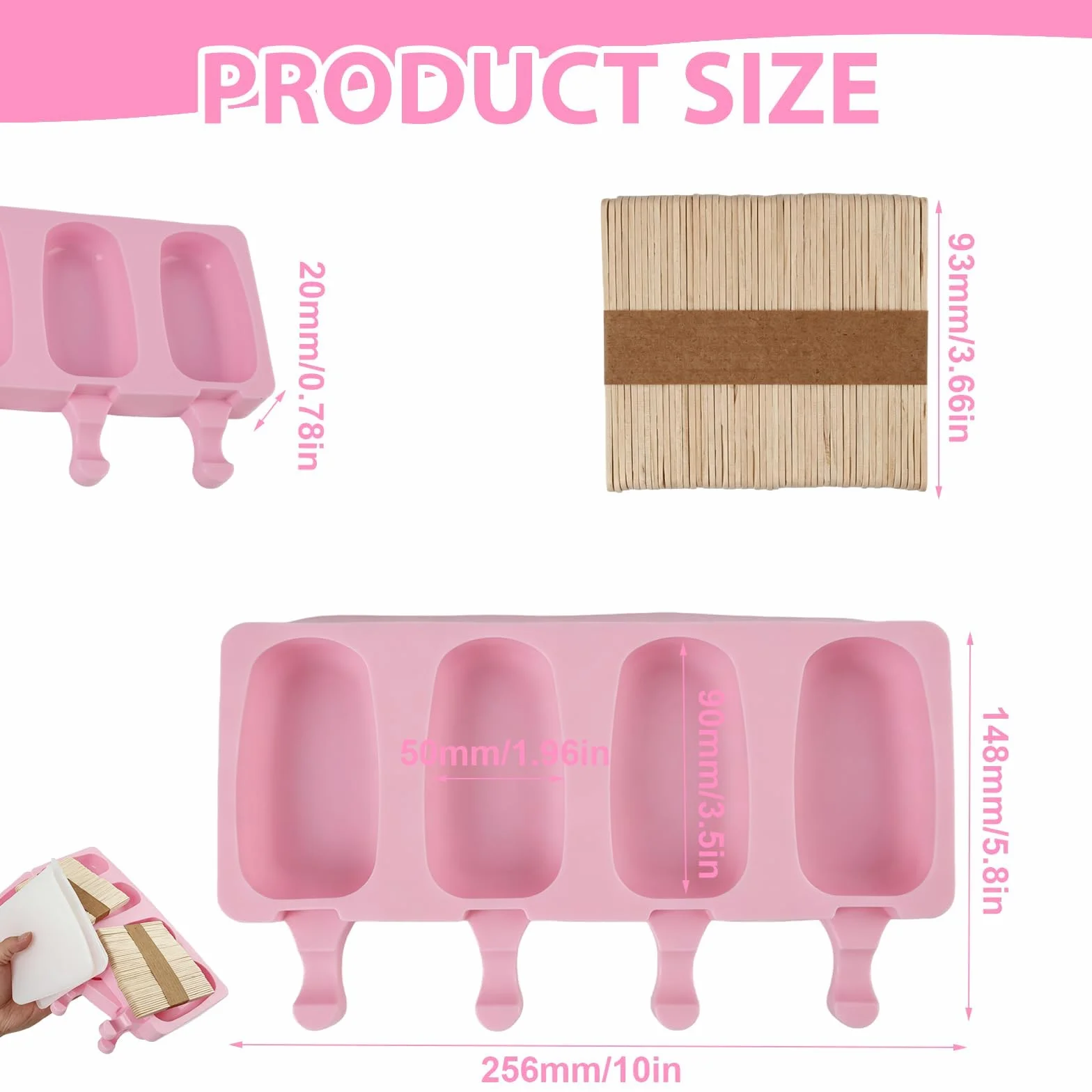 Moldes de Helado de Silicona 26 x 11 cm con 100 Palos de Madera Reutilizables para Paletas