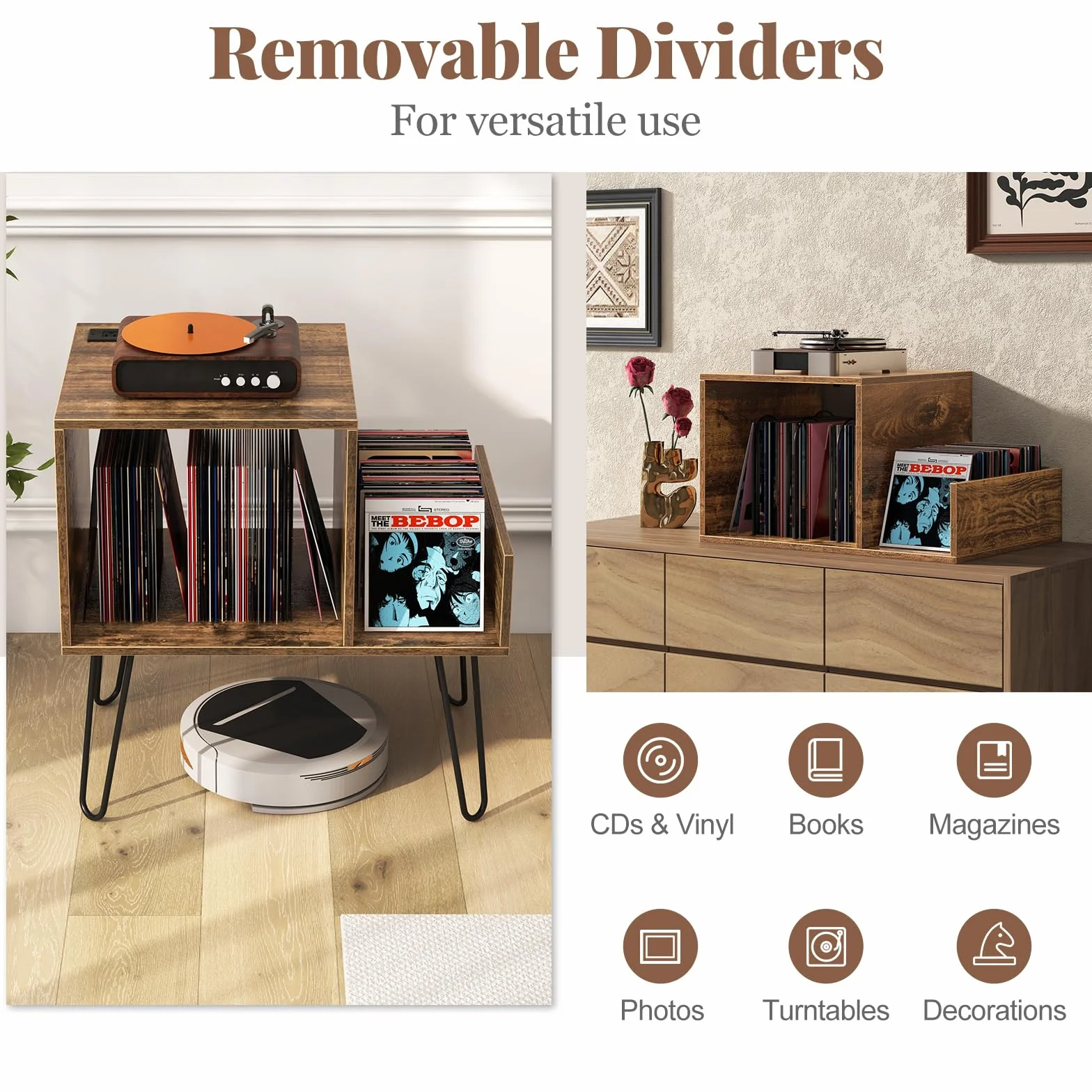 KOMFOTTEU Soporte para Tocadiscos con Estación de Carga, Estantería para Discos de Vinilo, Mesa Auxiliar para 145 Álbumes, Marrón