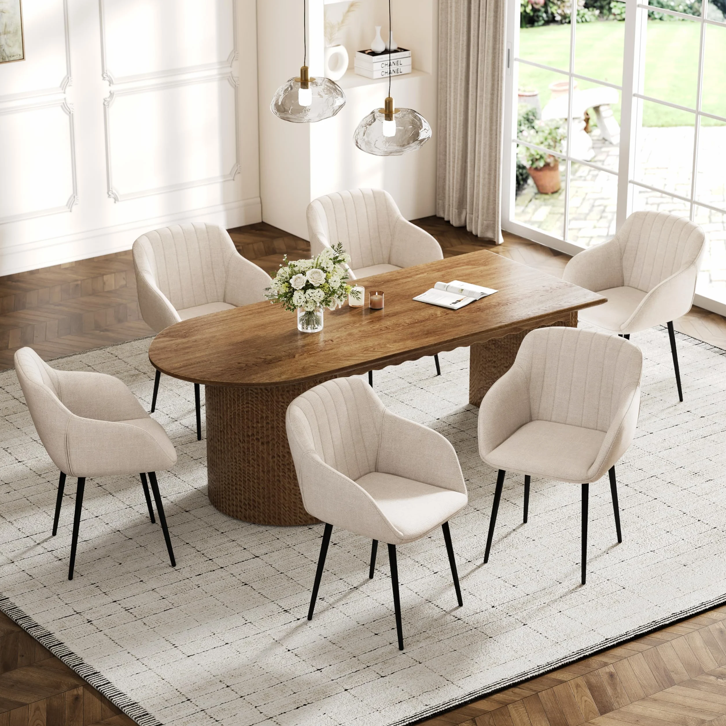 Juego de 6 Silla de Comedor Beige con Reposabrazos, Silla Tapizada en Lino con Patas Metálicas, Estilo Moderno, Unidad Individual para Comedor Salón