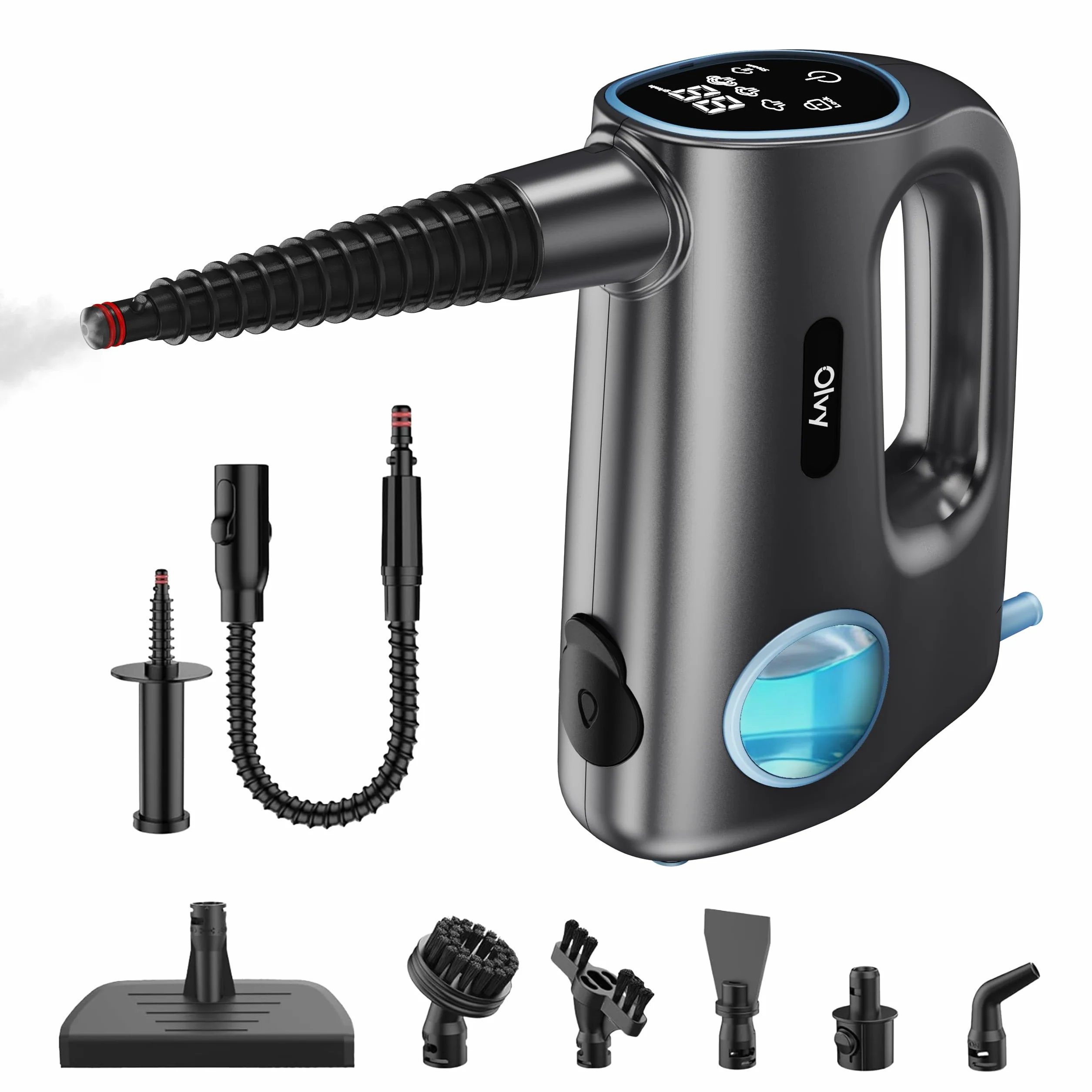 Olvy Limpiador de vapor de mano 1200W portátil alta presión 3 niveles vapor 10 piezas accesorios tanque 380 ml