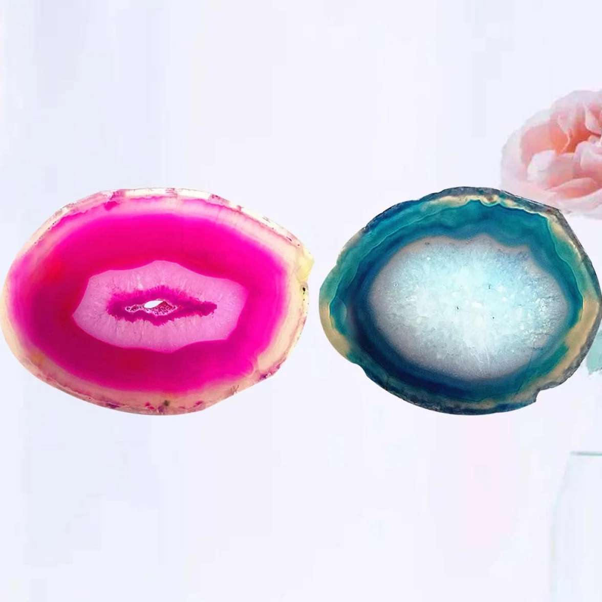 LIFKOME Rebanadas Decorativas de Ágata Pulida Ovalada 6-8 CM 2 Piezas Rosa y Azul Piedra Natural para Decoración del Hogar y Oficina Accesorios para Fuentes Interiores y Jardinería