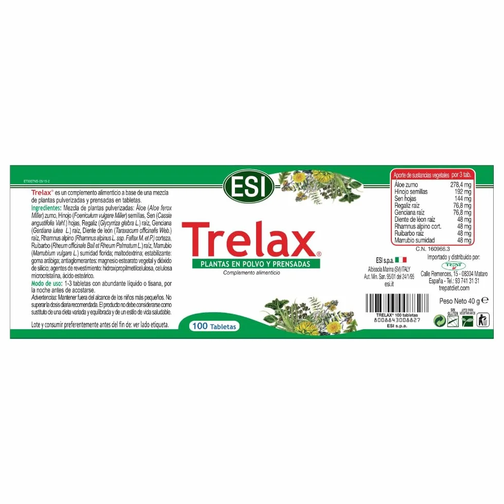 Trelax Natural para el Tránsito Intestinal Cáscara Sagrada Sen Frángula Hinojo Ruibarbo Alivio Digestivo 100 Comprimidos Veganos