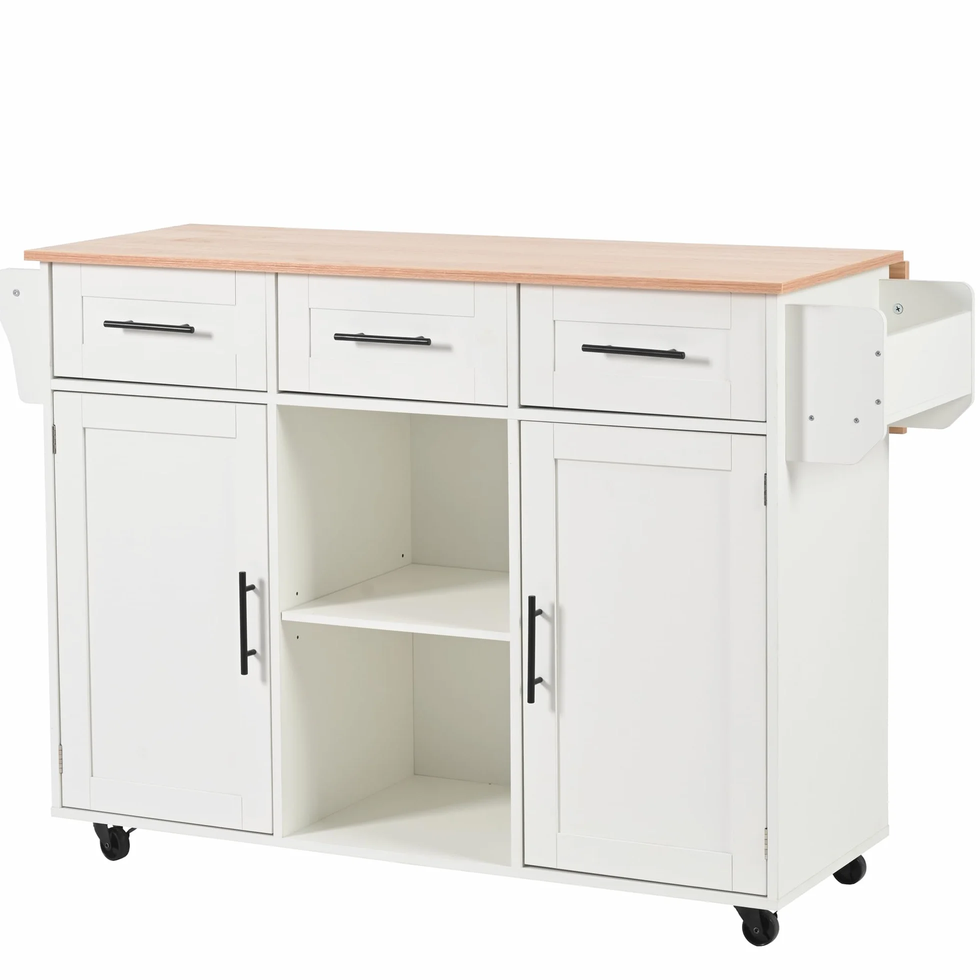 LAKFEW Isla Cocina con 5 Ruedas y Mesa Plegable, Aparador Cocina con 2 Puertas y 3 Cajones, Mueble Auxiliar de Cocina Isla de Cocina con Estantes Ajustables y Toallero, 139x46(71) x91.5 cm, Blanco