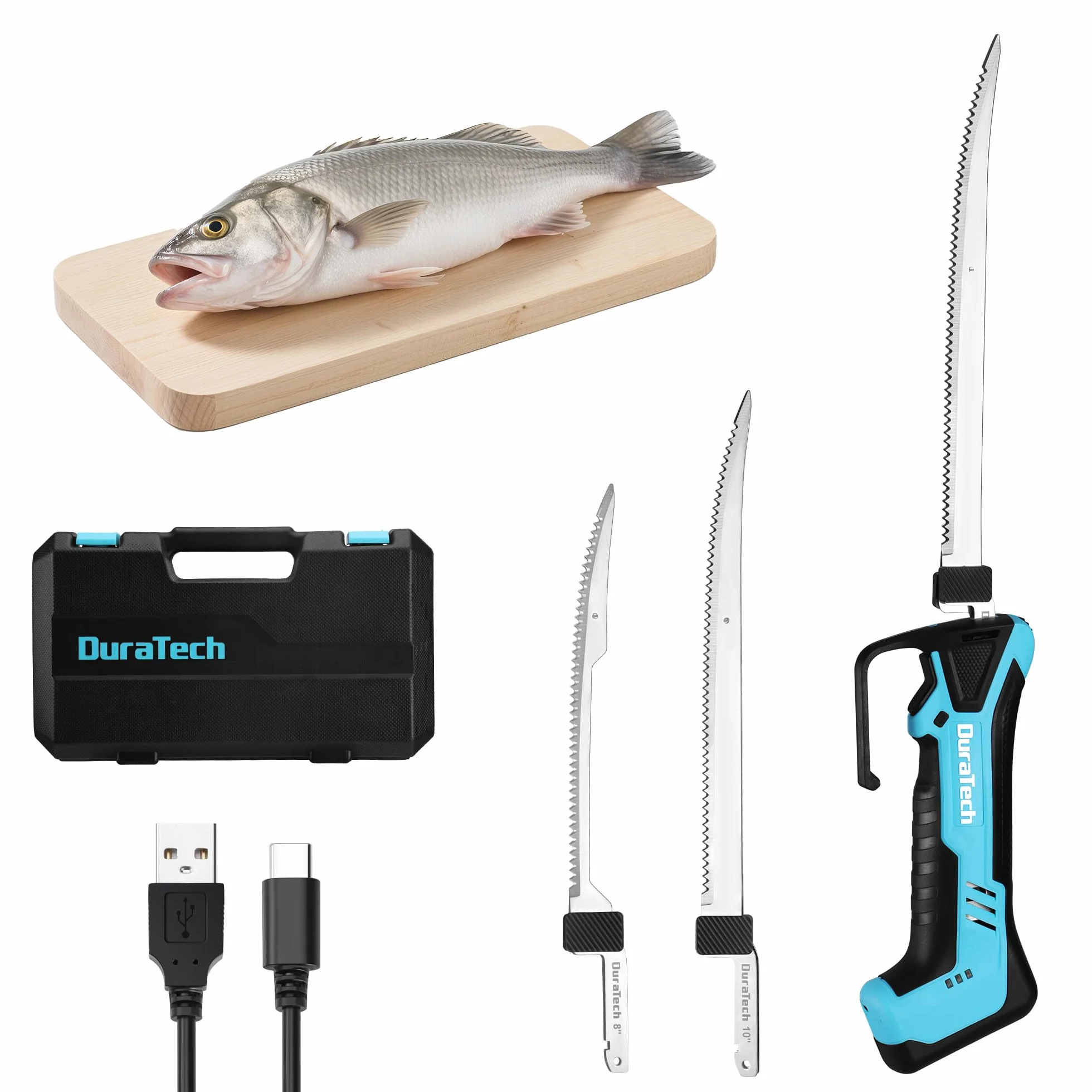 DURATECH Cuchillo Eléctrico Inalámbrico 12V para Pescado, con Cuchillas de 20 cm y 25 cm, Cuchillo Eléctrico con Batería de 2000mAh, Mango Antideslizante para Pescadores y Cocineros