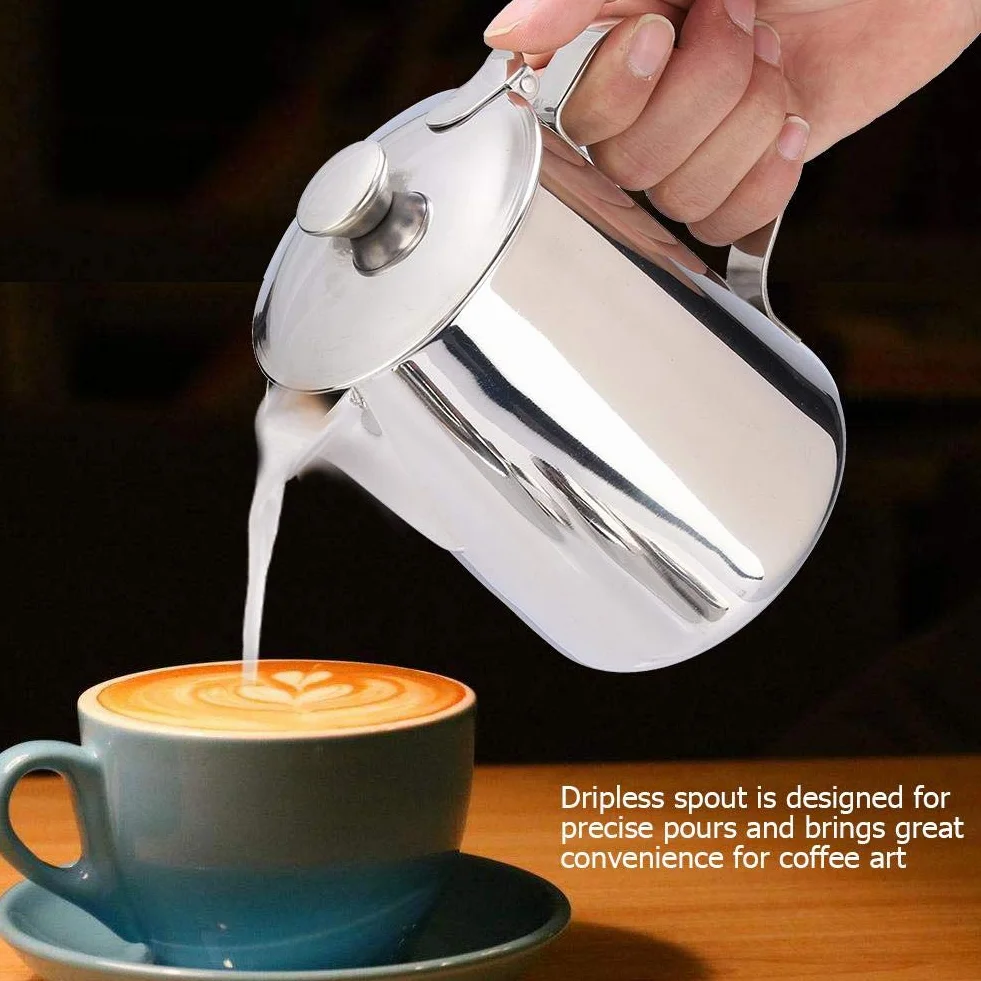 Nikou Taza de espuma, taza de café de acero inoxidable Jarra de espuma de leche Jarra con tapa para café con leche Arte(600ml)