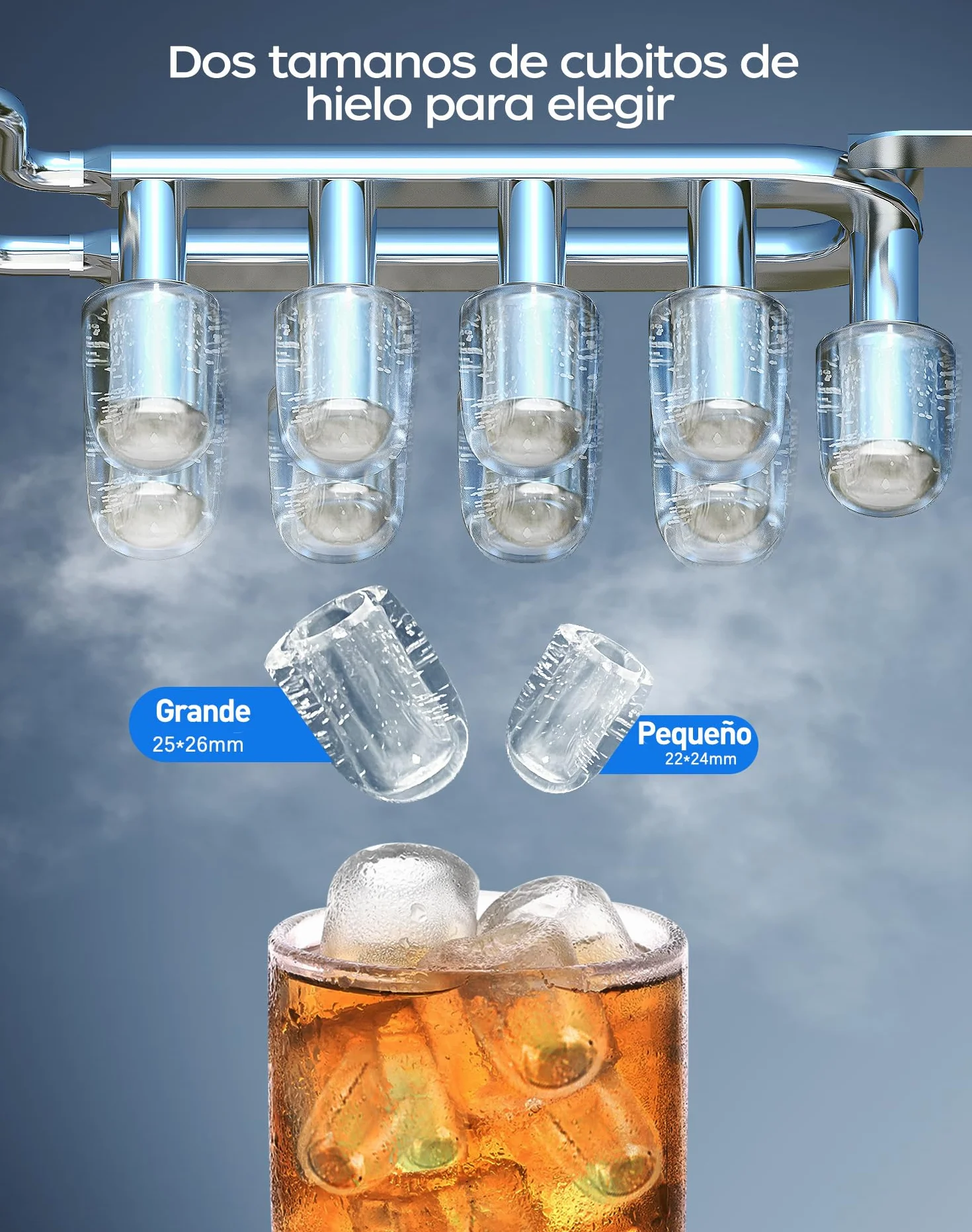 Máquina de Cubitos de Hielo de Acero Inoxidable con Pantalla LED, 2 Litros, 2 Tamaños