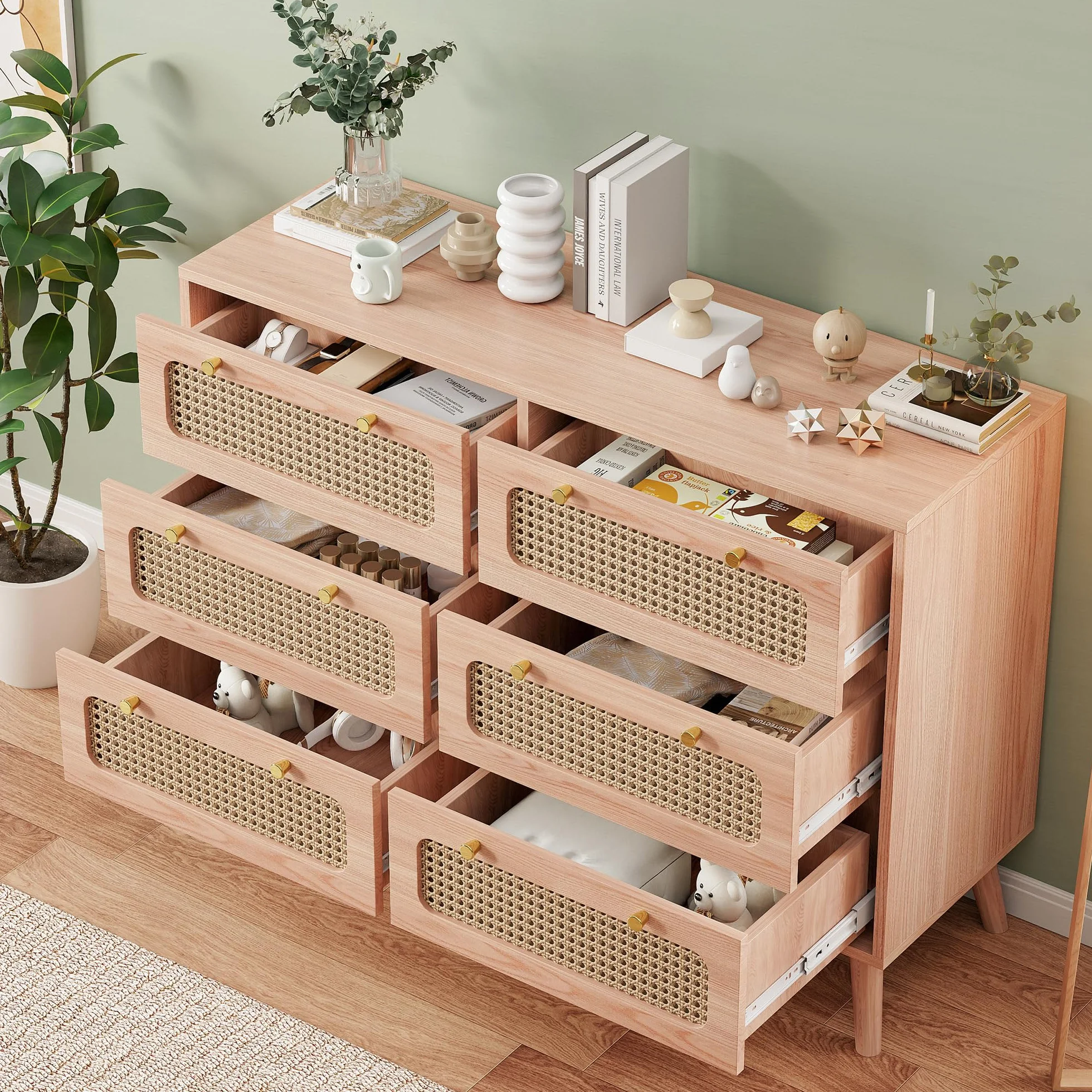 FOERPL Cómoda con 6 Cajones, 100 x 34 x 73 cm, Cómoda de Madera y Ratán, Mueble de Almacenamiento de Madera para Oficina, Salón o Dormitorio, Ratán PE