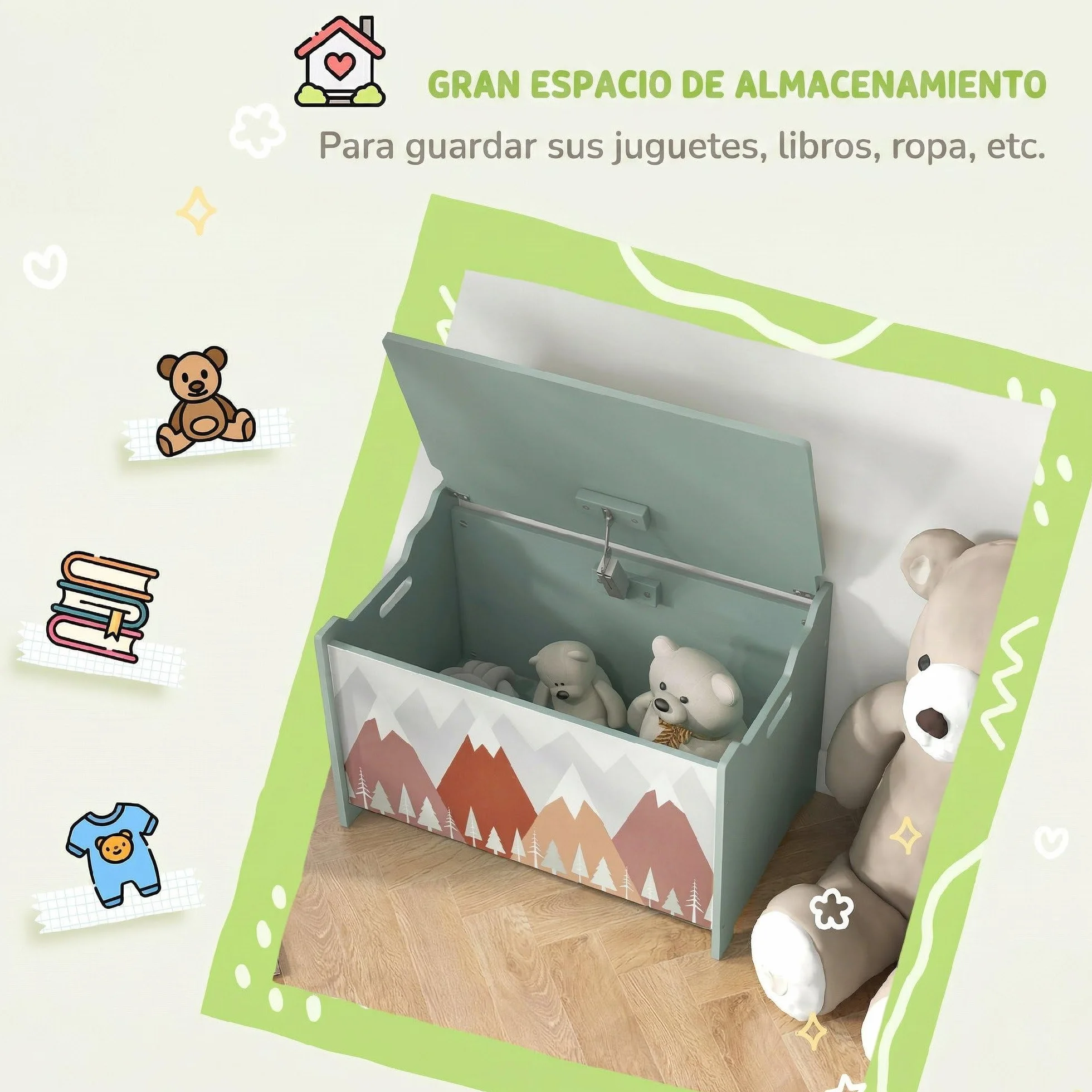 ZONEKIZ Caja de Almacenamiento para Juguetes 60x37x39 cm 20 kg Verde con Asas
