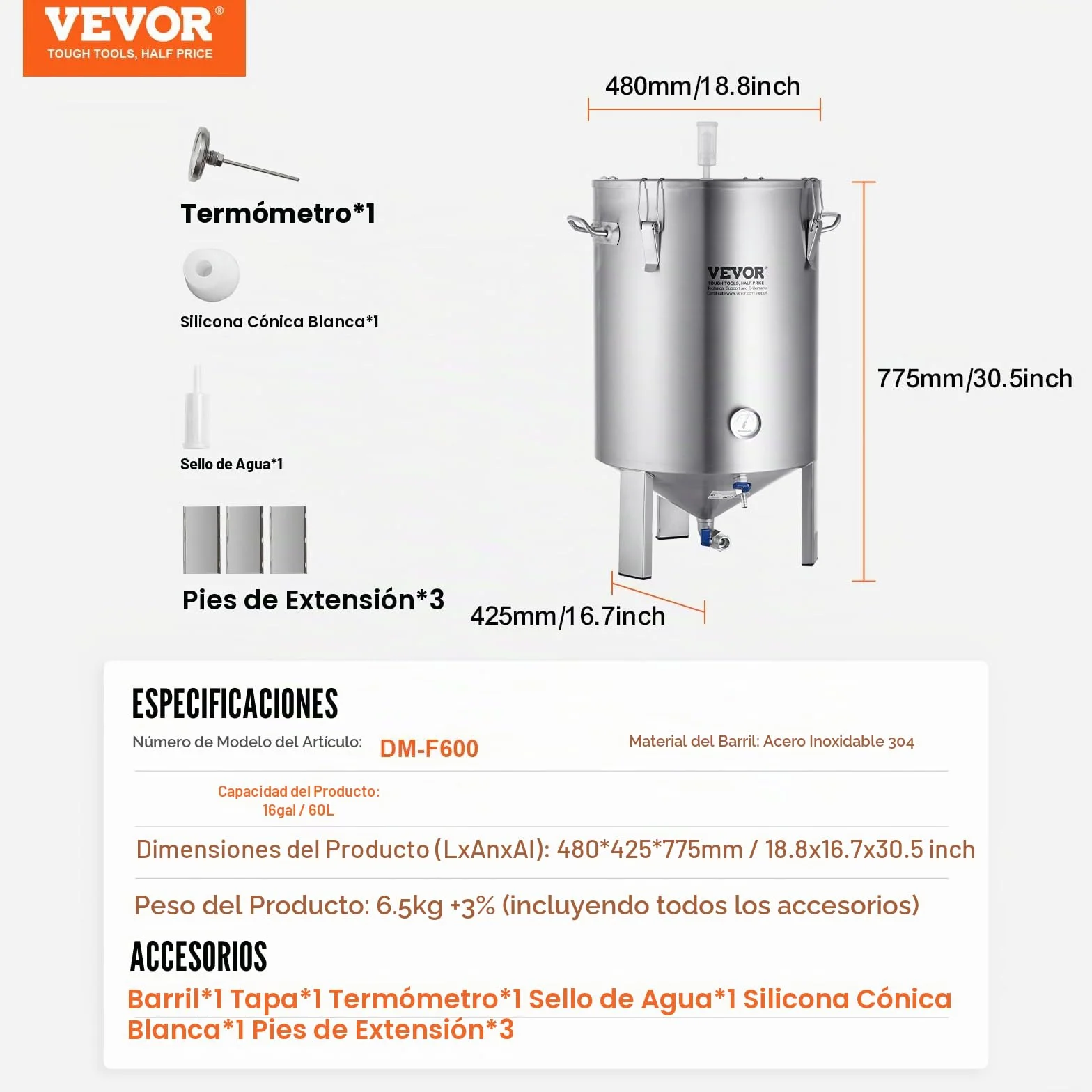 VEVOR Fermentador de Cerveza de 60L, Hervidor de Acero Inoxidable 304, Fermentador de Cubo de Cerveza para Elaboración de Cerveza, Suministros de Elaboración Casera con Base