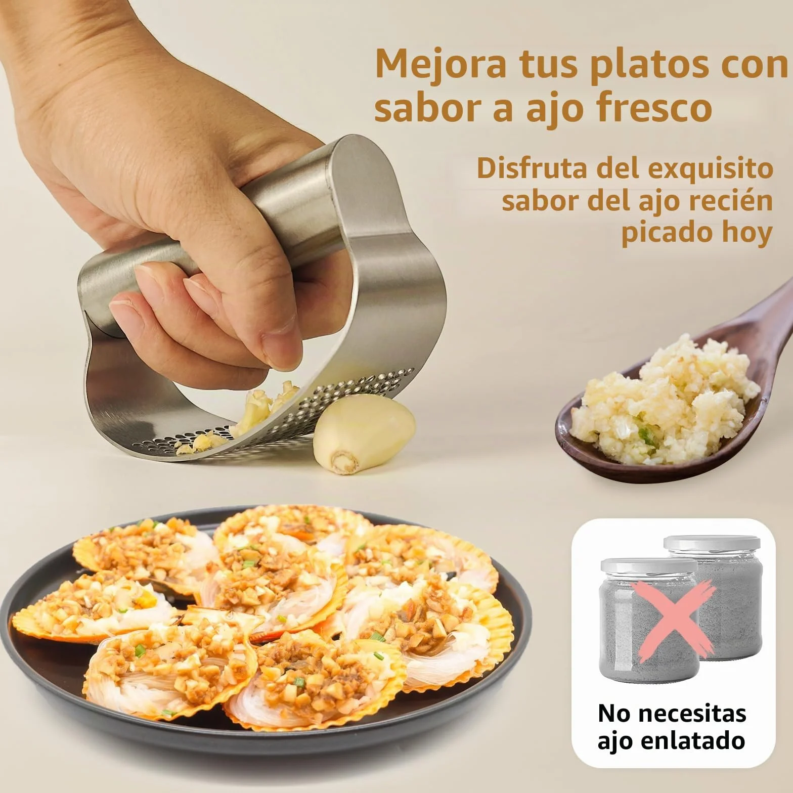 Prensa Ajos Acero Inoxidable Profesional Ergonómico Set Cocina con Pelador y Cepillo Apto Lavavajillas