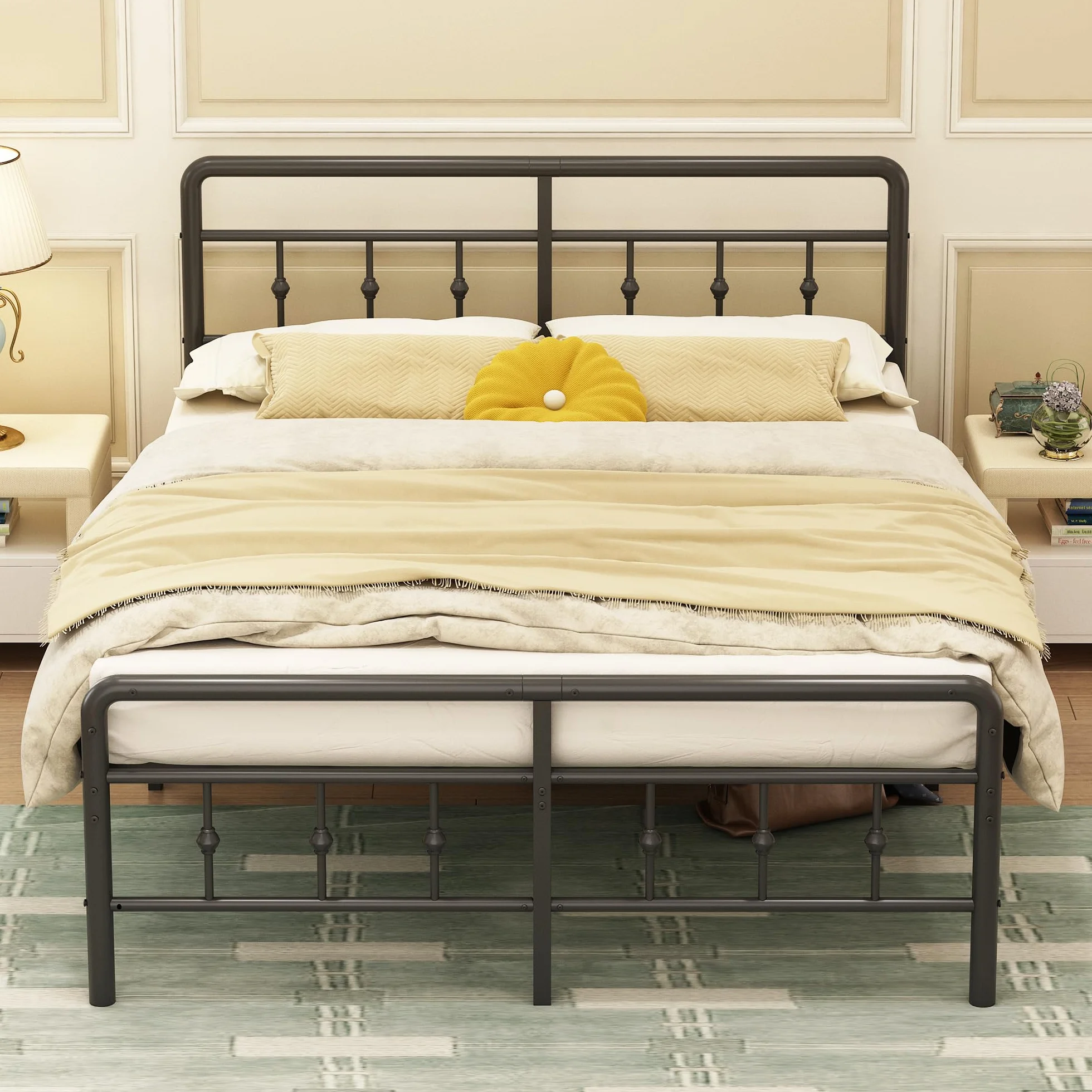 EMODA Cama Matrimonio 150x190 con Cabecero y Piecero, Marco de Almacenamiento 36cm Negro