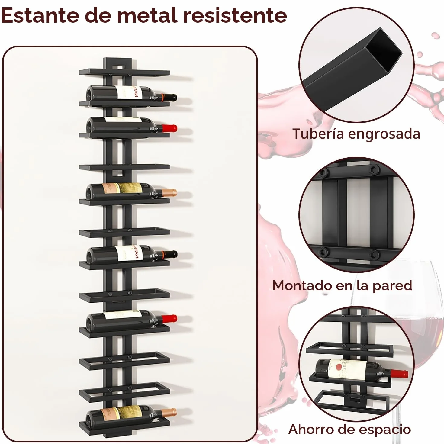 IBUYKE Botellero Pared para 12 Botellas, Botellero Vertical de Metal para Botellas de Vino,Licores, Champán,Estante de Vino Montado DIY para Cocina, Comedor, Bar, Negro, TMJ909B