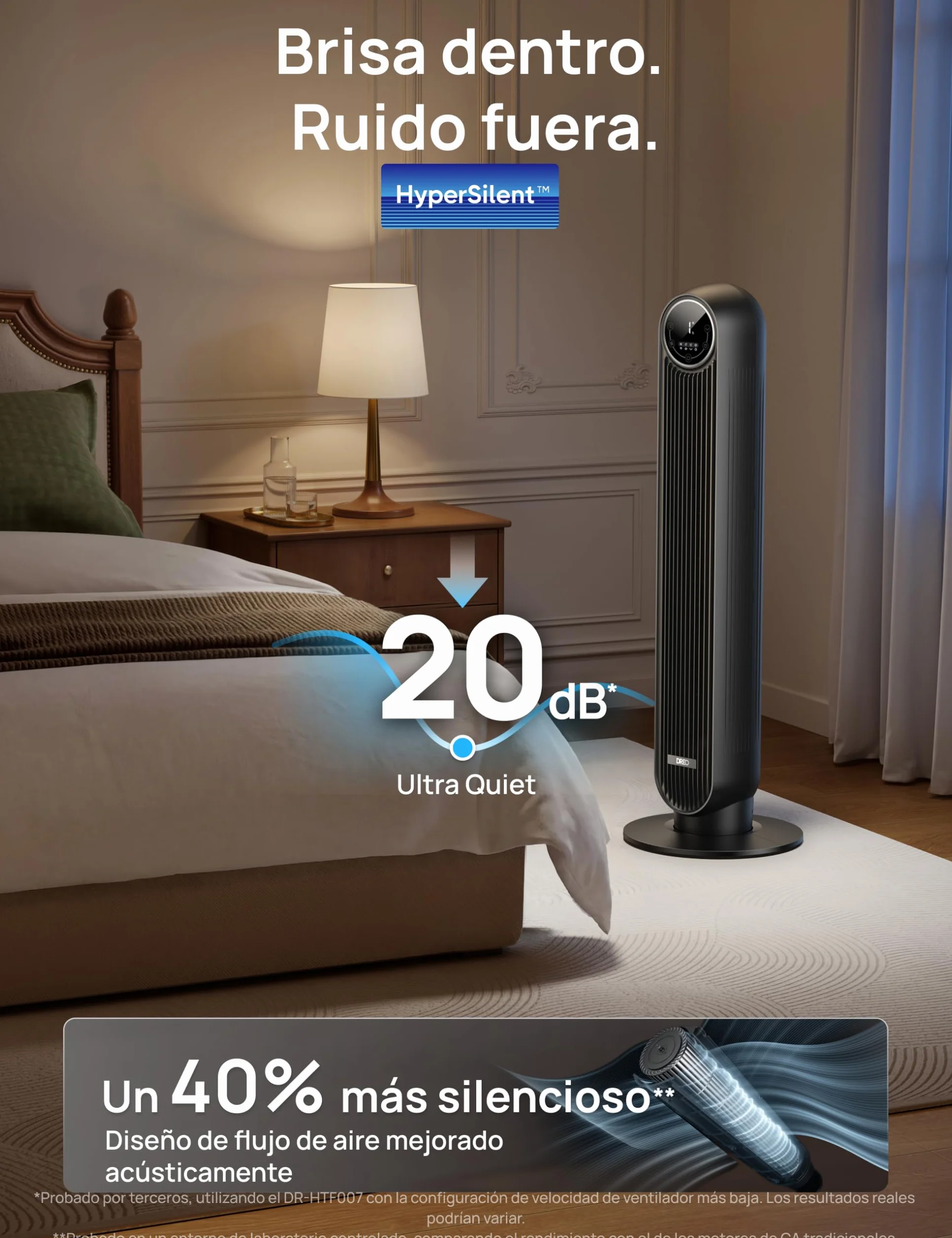 Dreo Ventilador de Torre Silencioso 20dB, 7,6 m/s, 4 Velocidades, Rotación 90°, Temporizador 8H, LED, Mando, Negro