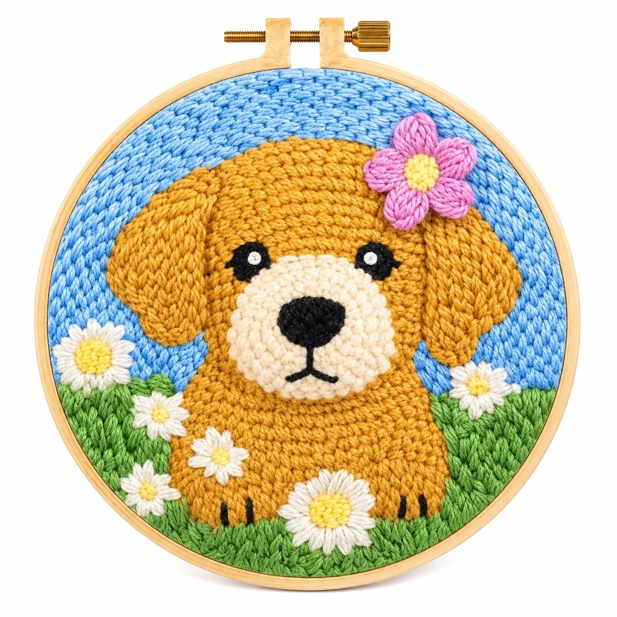 Kit de agujas de perforación para principiantes: adorable cachorro Golden Retriever DIY Juego de manualidades de bordado | Kit de inicio todo en uno con aro, tela e hilo | Regalo fácil y decoración