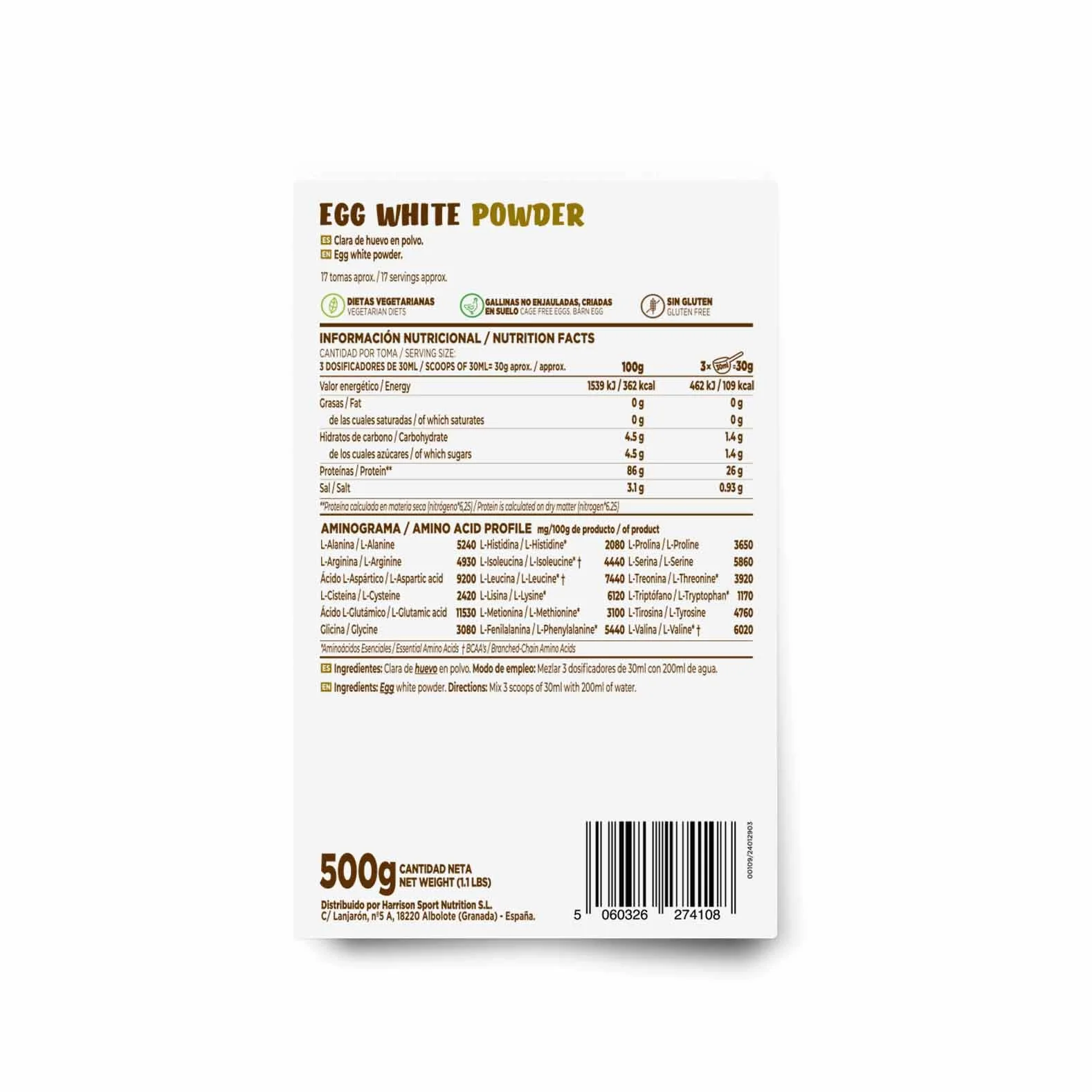 Albúmina de Huevo en Polvo Sin Sabor 500g | Proteína de Clara de Huevo Pura | No-GMO, Vegetariano, Sin Lactosa, Sin Grasa