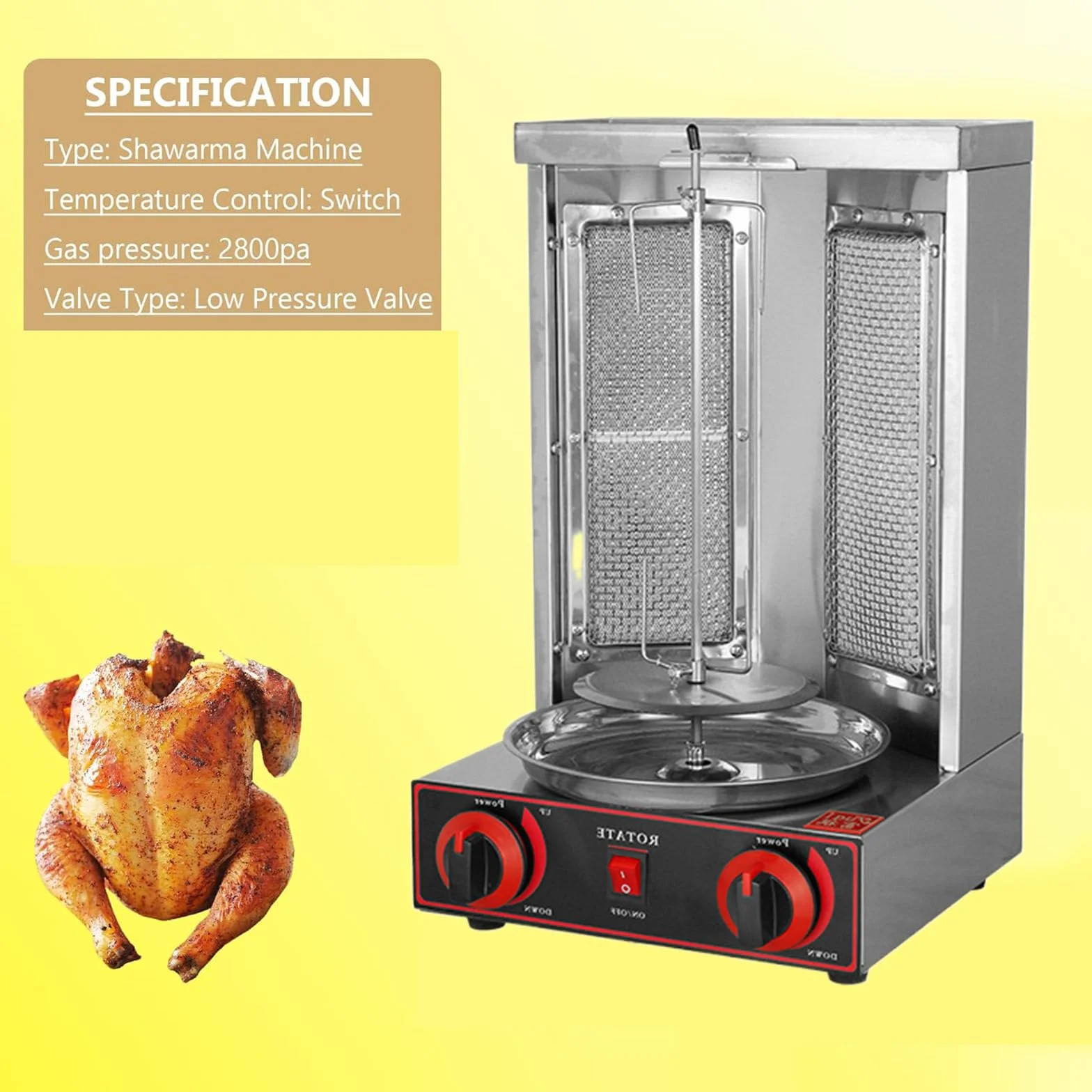 Máquina Comercial de a Gas Máquina Vertical de Kebab de GLP Horno Asador para Barbacoa Sin Humo (2 Quemadores) para Asado de Pollo, Asado de Pavo, Tacos, Asado, Carne de Res,Pan