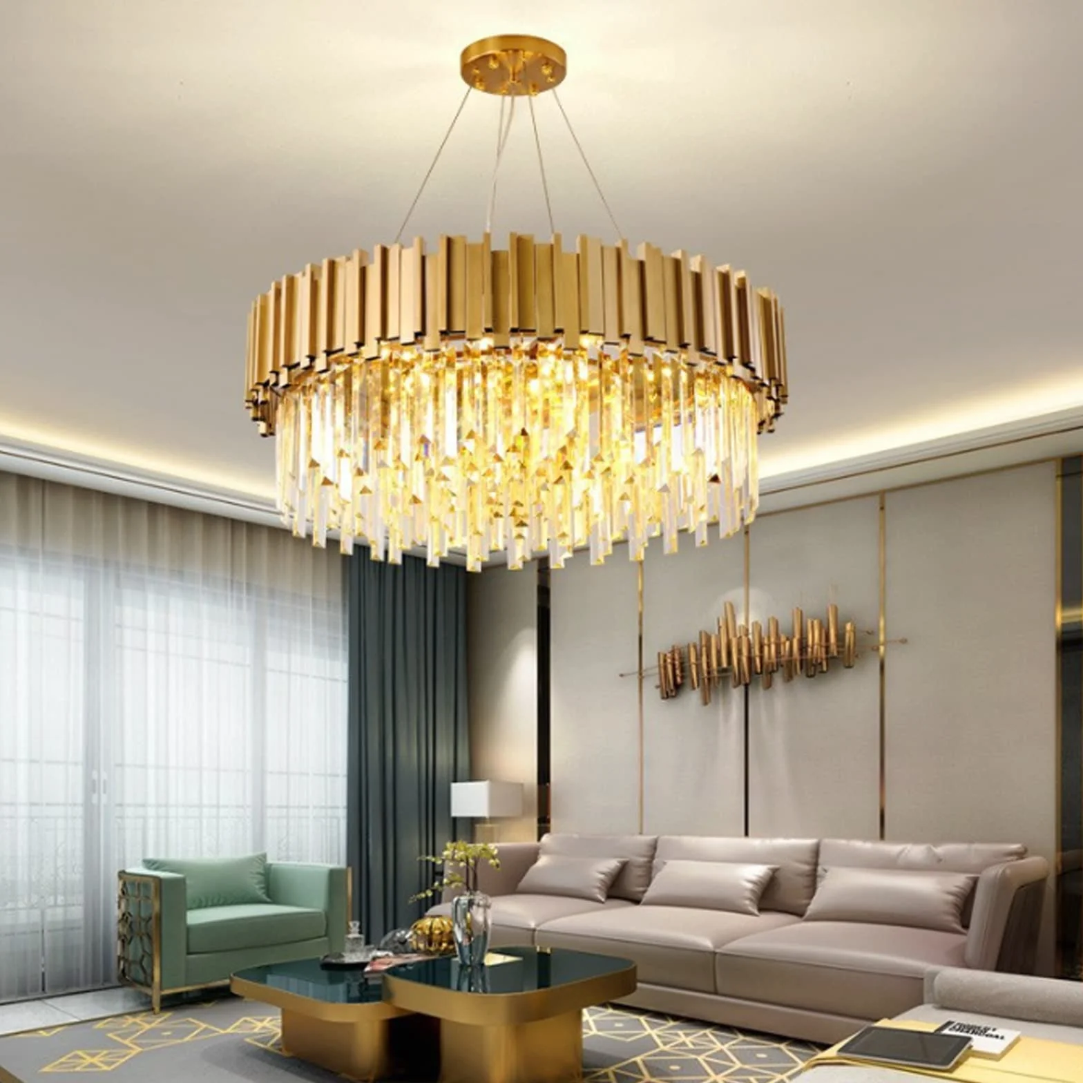 Lámpara De Techo De Cristal De Lujo De Golden Round Moderna Lámpara De Techo De Lámpara Led/lámpara De Techo De Lámpara De Acero Inoxidable Ilumi(Size:80cm,Color:Luz Tricolor Regulable)