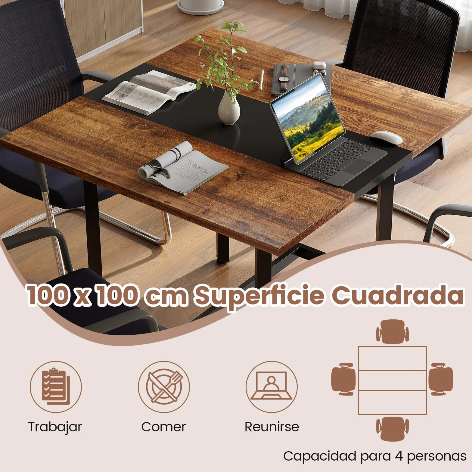 COSTWAY Mesa de Conferencias Cuadrada 100x100 cm 4 Personas Estructura Metálica Escritorio Industrial Marrón
