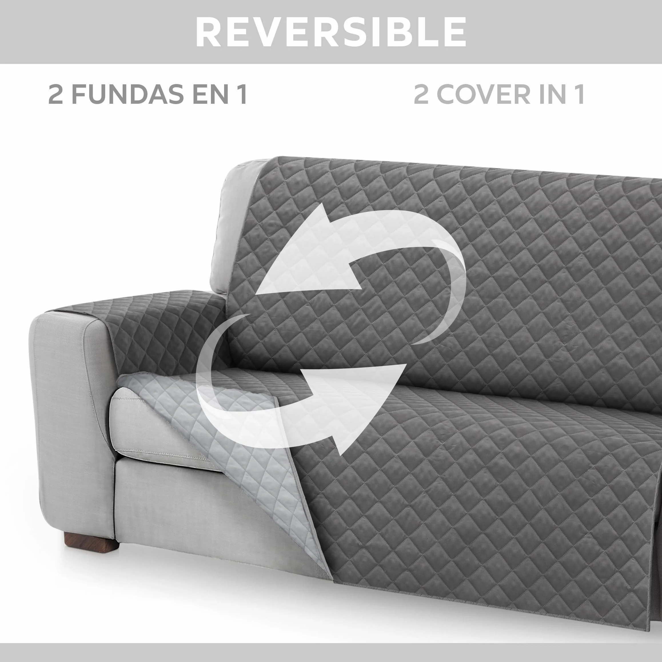Textilhome Funda Cubre Sofá Malu 3 Plazas 160 cm Protector Acolchado Reversible Universal Gris