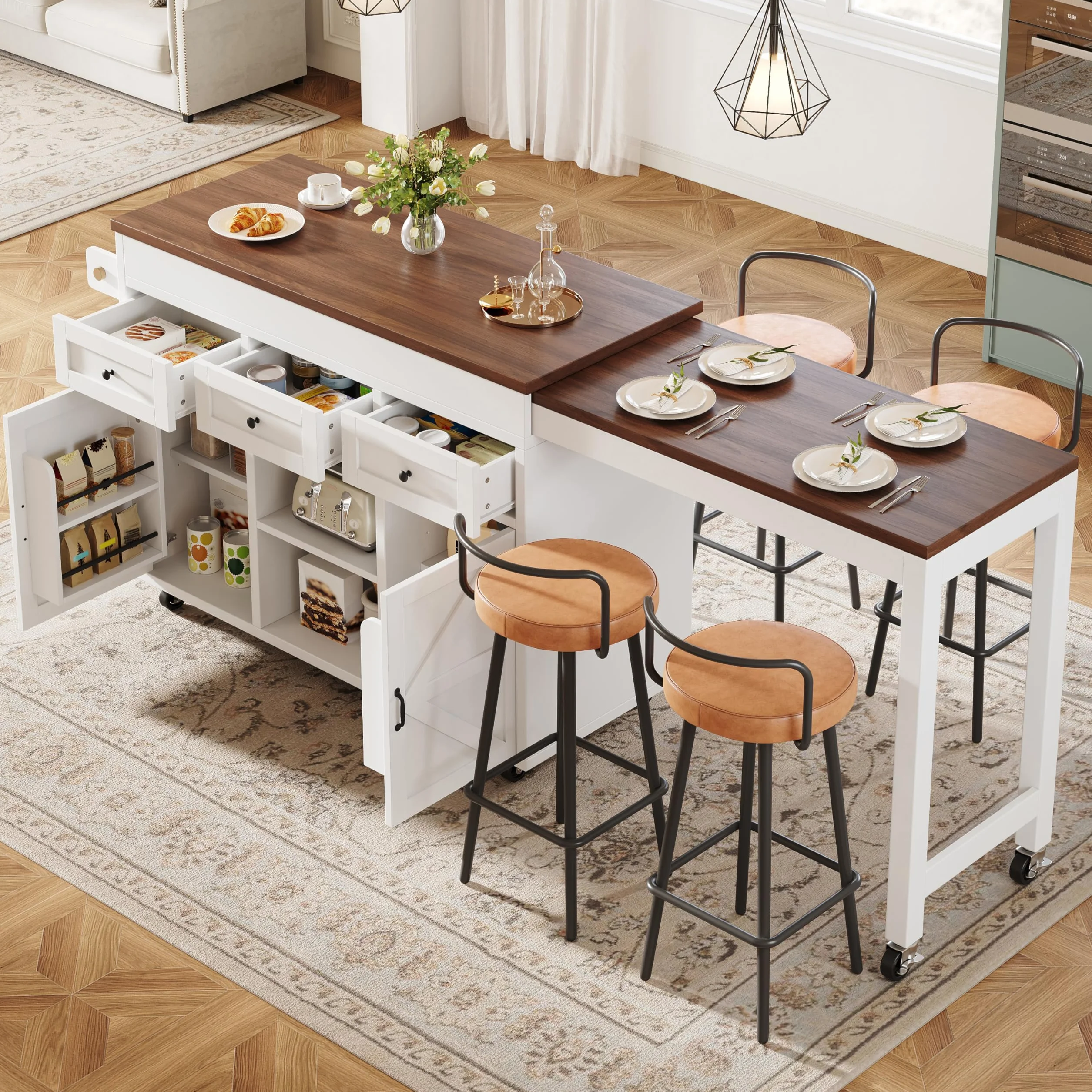 Isla de cocina independiente con encimera, mesa de comedor extensible a 360°, 2 puertas y 3 cajones, carro de cocina móvil, para cocina, comedor, 131,5-210 x 40 x 90 cm