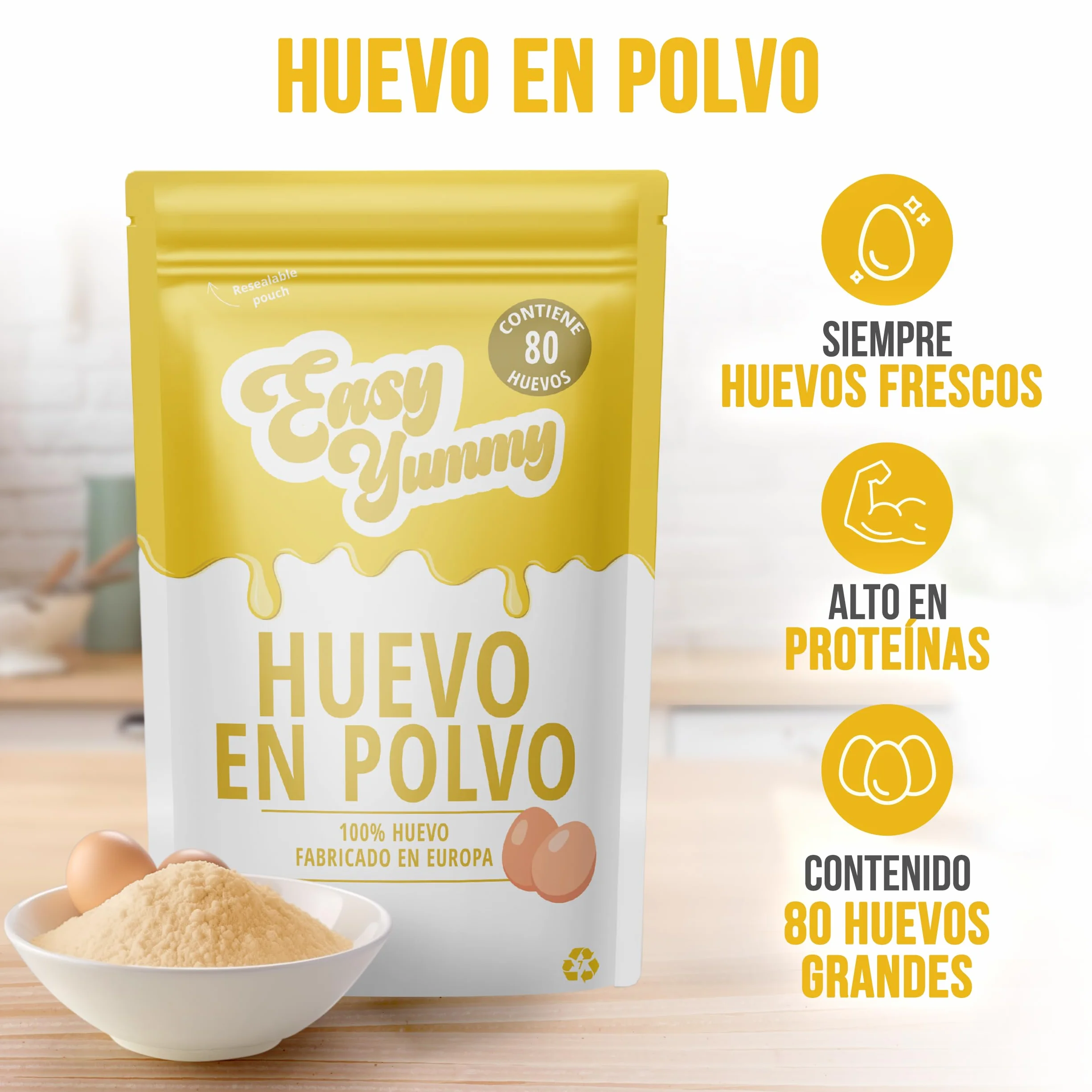 EASY YUMMY Huevo Entero en Polvo 1kg 100% Huevo en Polvo