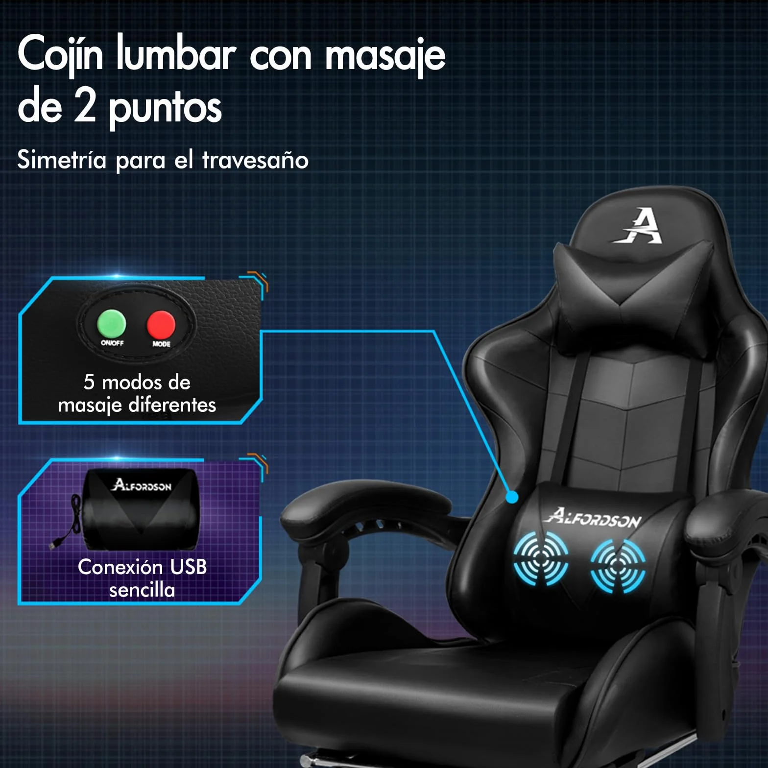 ALFORDSON Silla Gaming Escritorio con Masajeador, Silla Gamer Ergonómica Cojín Lumbar y Cervical, Reposapiés Retráctil, Ruedas Giratorias 360°, para Oficina, Videojuego, Ordenador, Cuero PU(Negra)