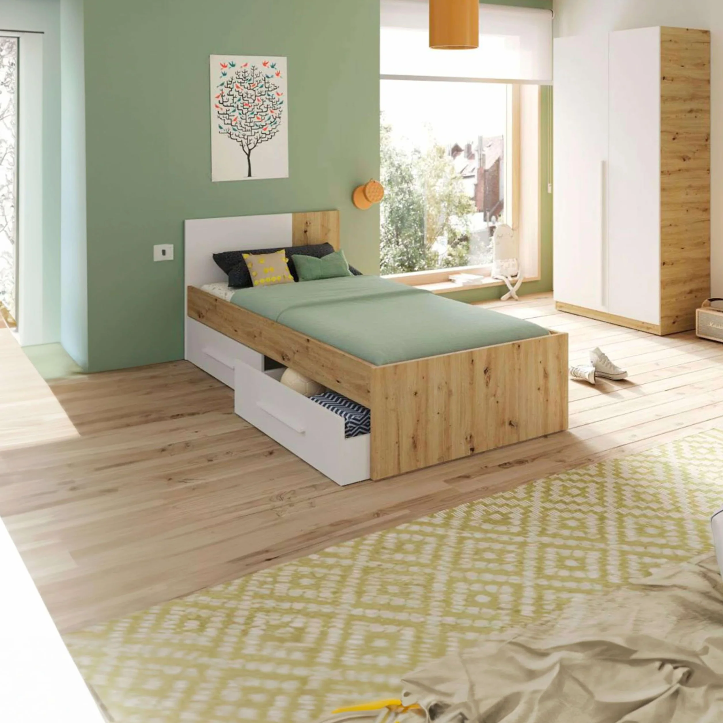 Habitdesign – Cama Individual Juvenil con 2 Cajones, Reversible, Color Blanco Artik y Roble Nodi, 196x97x77 cm – Modelo Noa (Sin Somier)