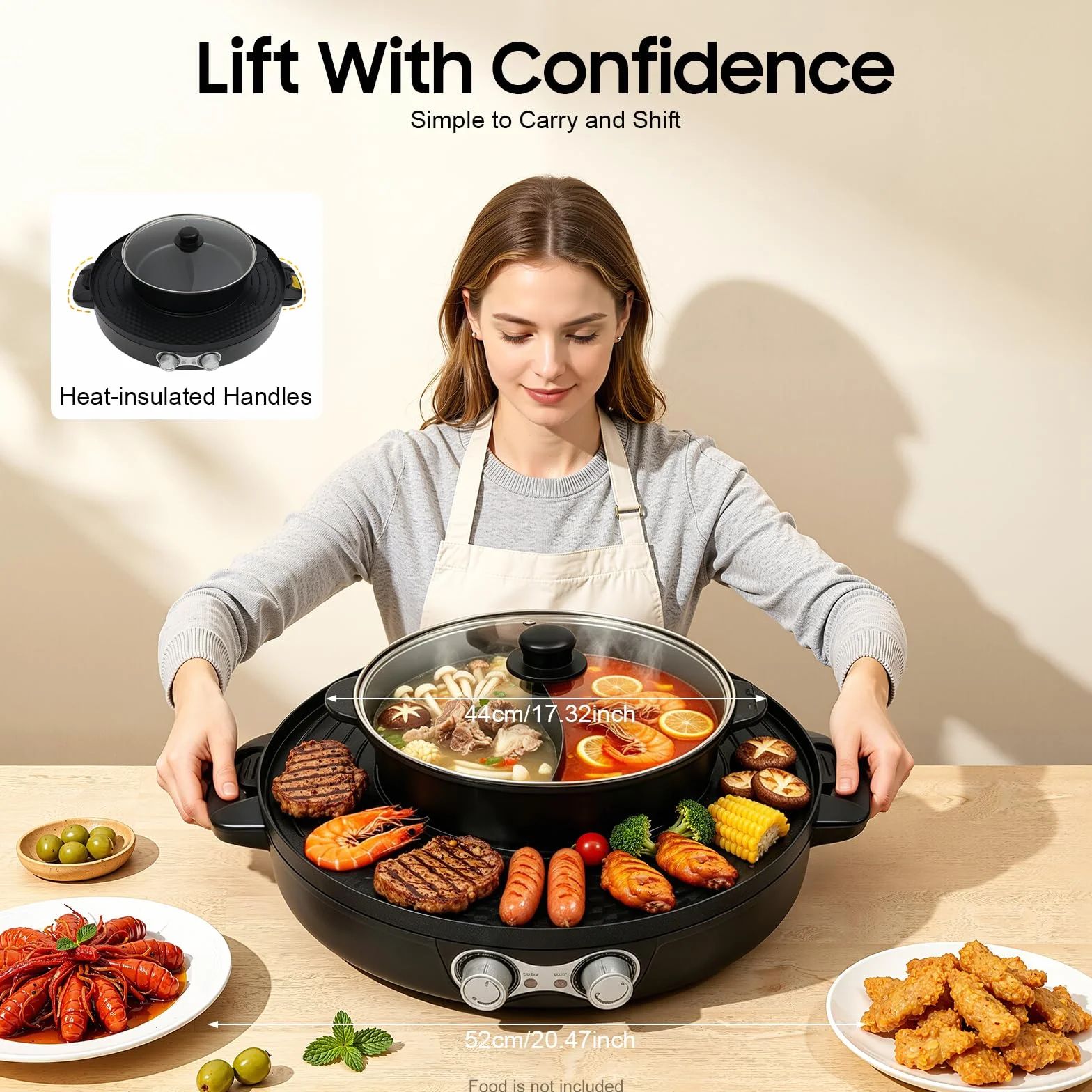 Parrilla de raclette y Hotpot 2 en 1, Calentador eléctrico de acero inoxidable antiadherente