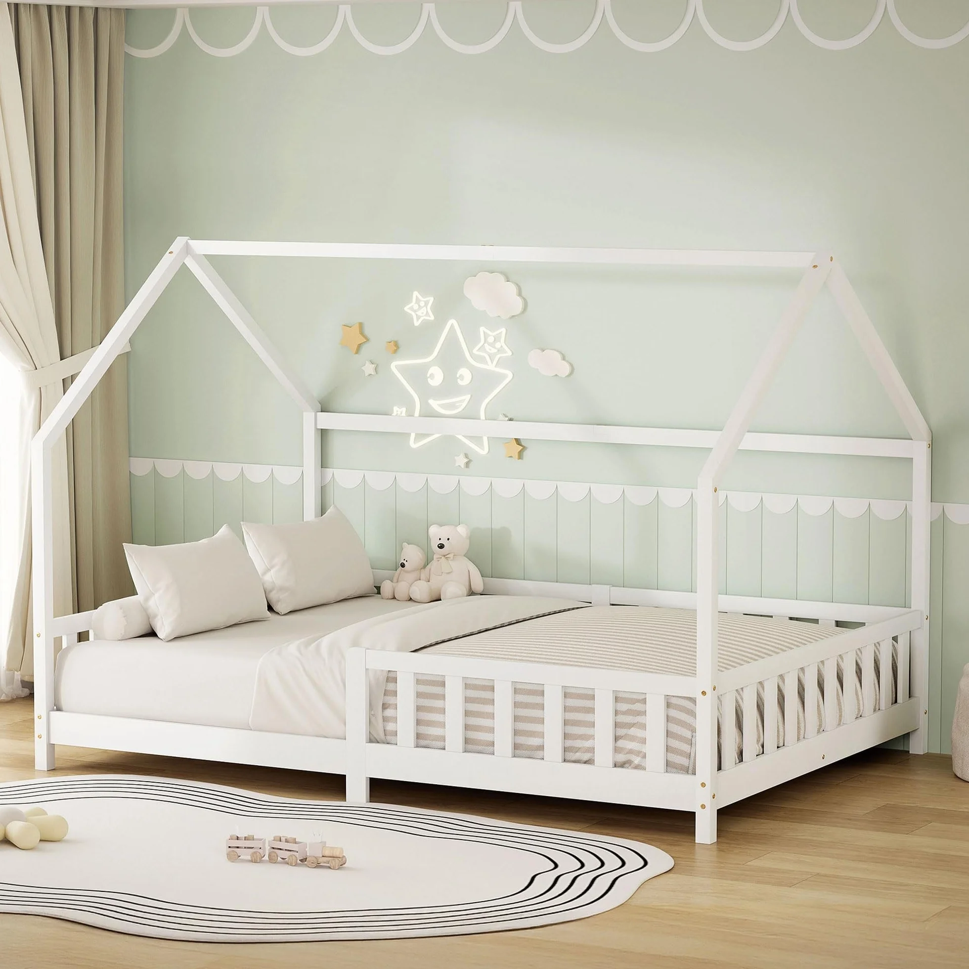 ML-Design Cama Infantil 140x200cm Blanco, con Protección Anticaída, Techo y Somier, Estructura Listones de Madera de Maciza de Pino Lecho Doble Montessori Forma de Casa Mobiliario Juvenil, para Niños