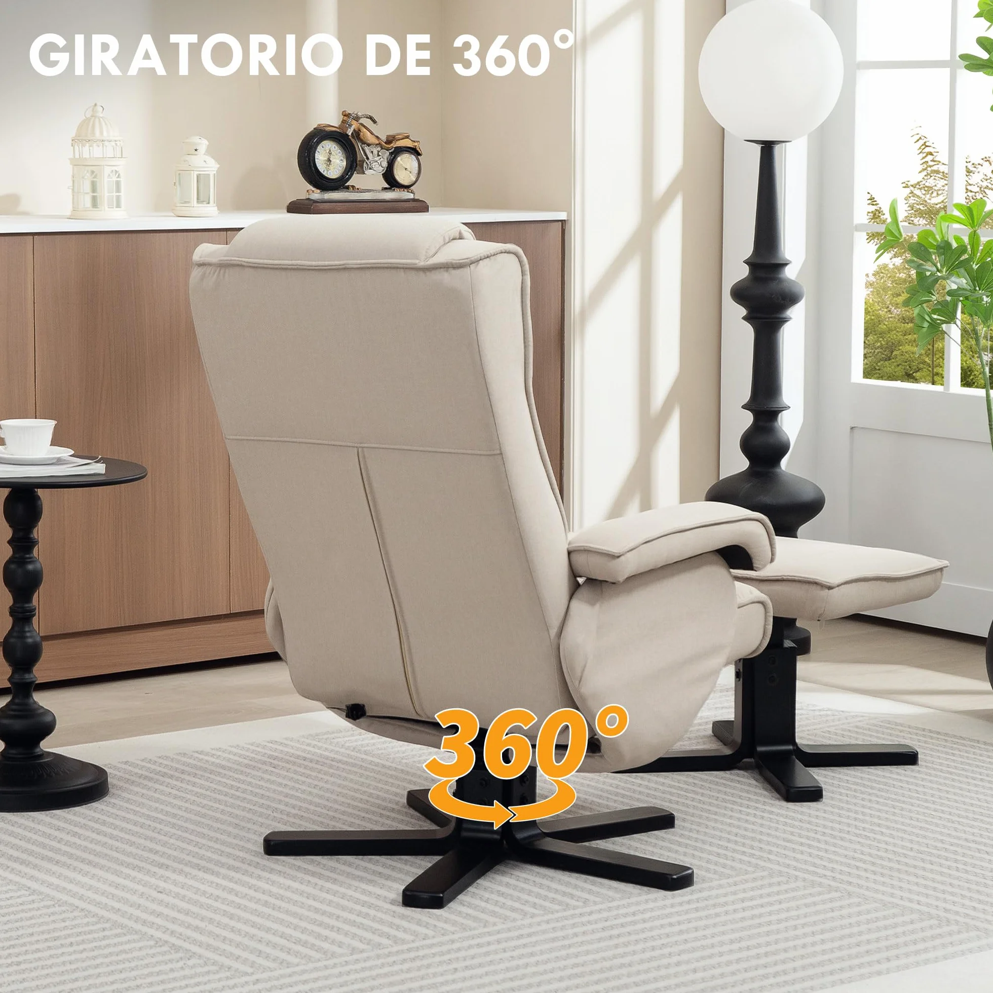 HOMCOM Sillón Relax Reclinable con Reposapiés Butaca de Salón Giratoria Tapizado en Lino con Base de Madera Butaca para Dormitorio Sala de Estar Beige