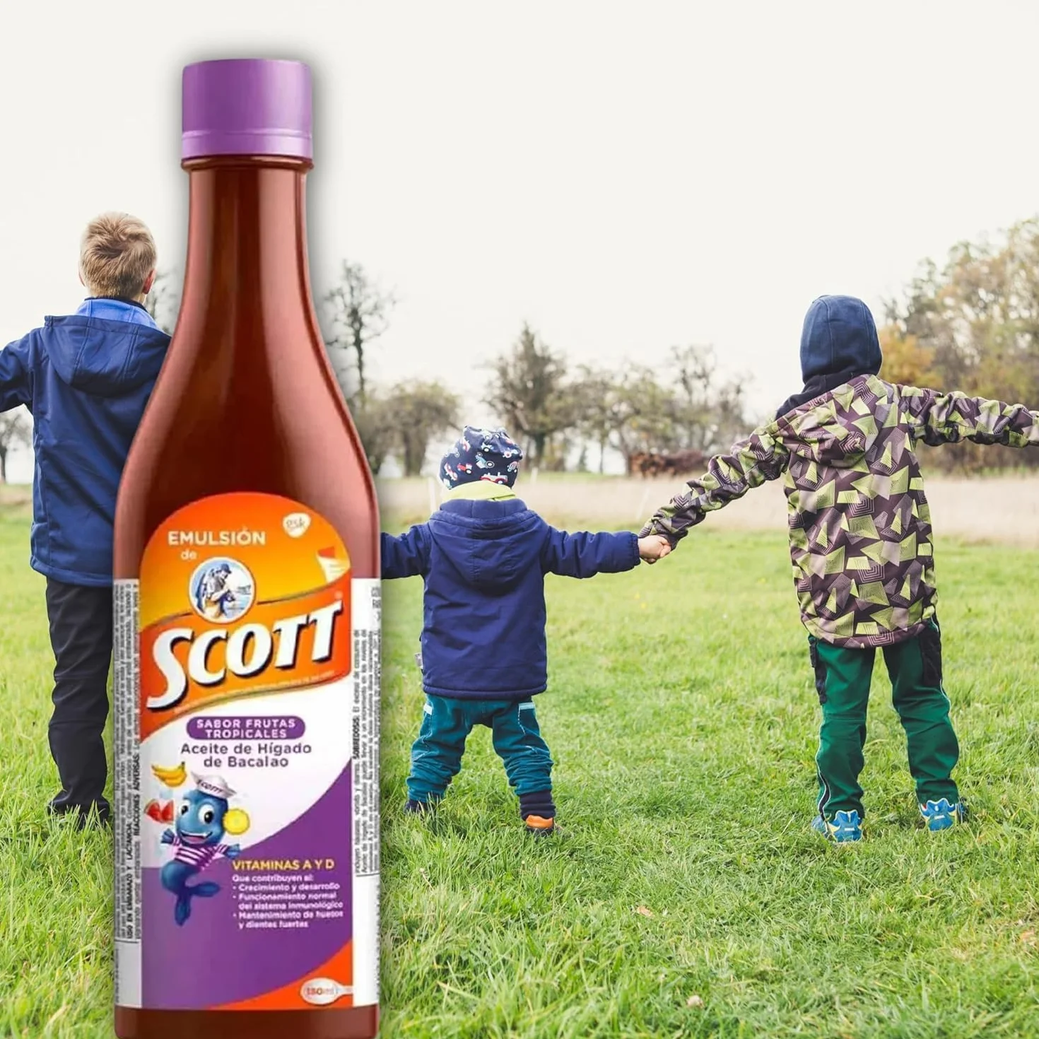 Yahve Emulsión de Scott Aceite de hígado de bacalao sabor Frutas Tropicales Pack de 2 de 180.4 ml - Suplemento dietético para niños con vitamina A y Calcio