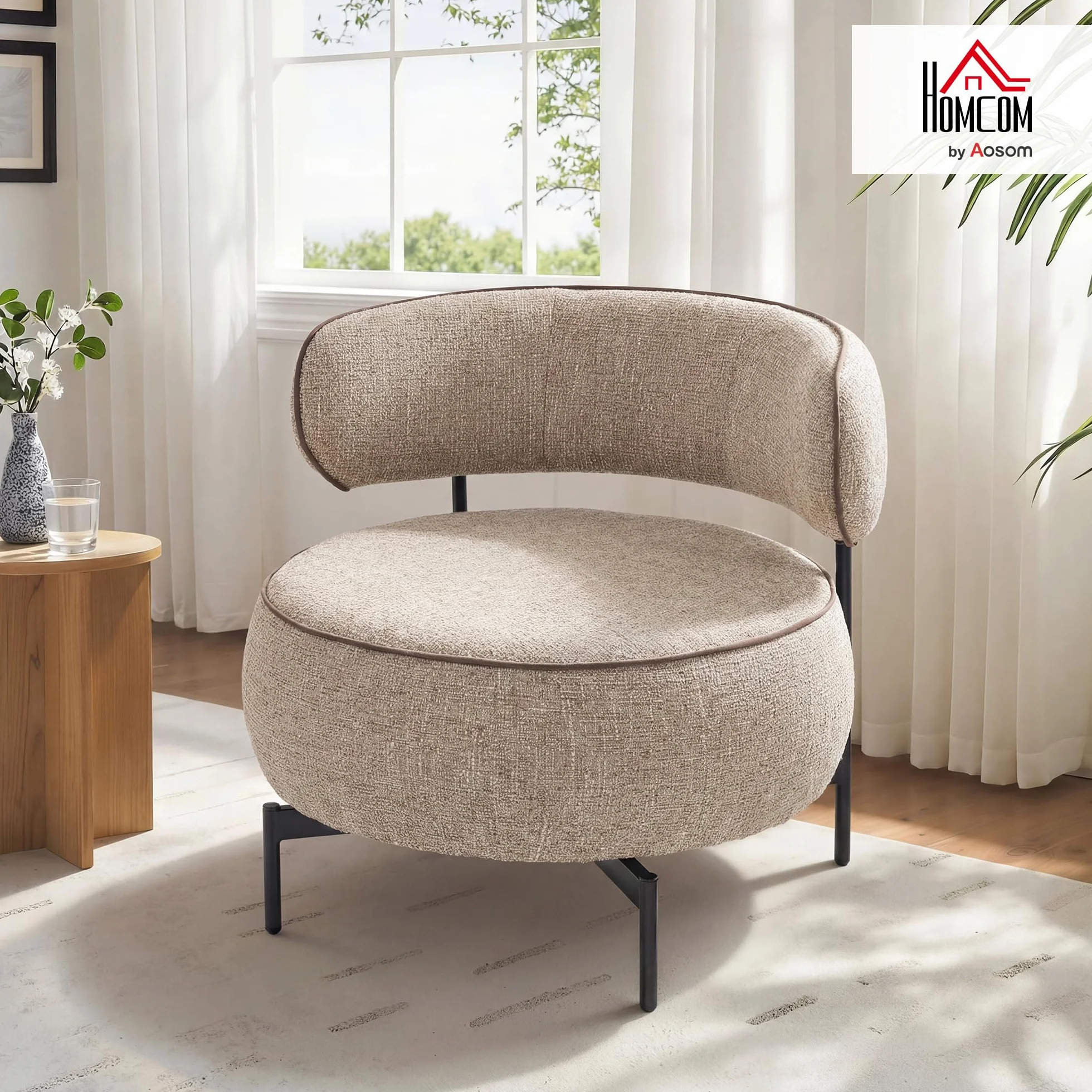 HOMCOM Butaca de Salón con Asiento Giratorio, Sillón de Salón, Tapizado en Lino, con Asiento Amplio, Acolchado Grueso, Patas de Metal para Dormitorio, Lectura, Beige