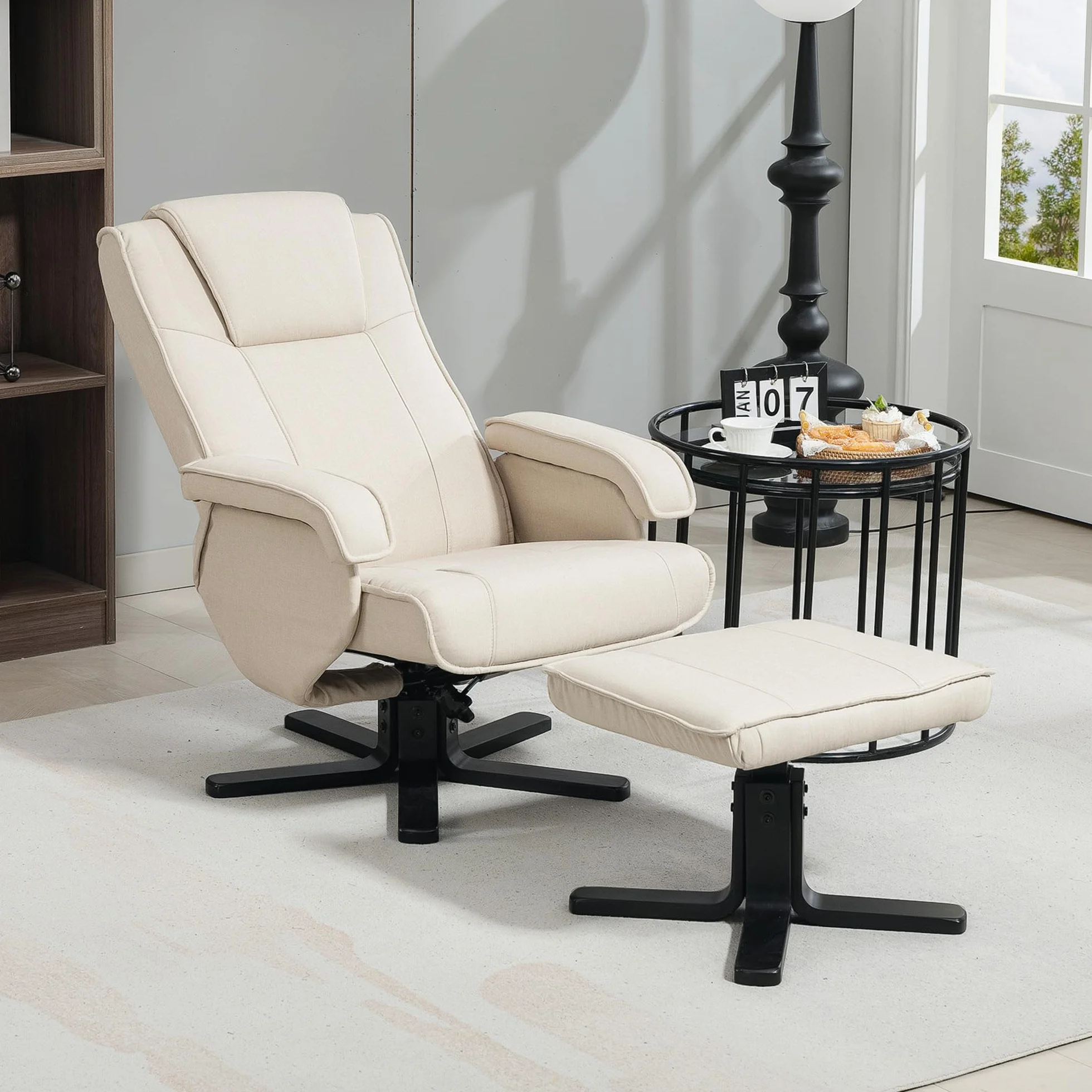HOMCOM Sillón Relax Reclinable con Reposapiés Butaca de Salón Giratoria Tapizado en Lino con Base de Madera Butaca para Dormitorio Sala de Estar Beige