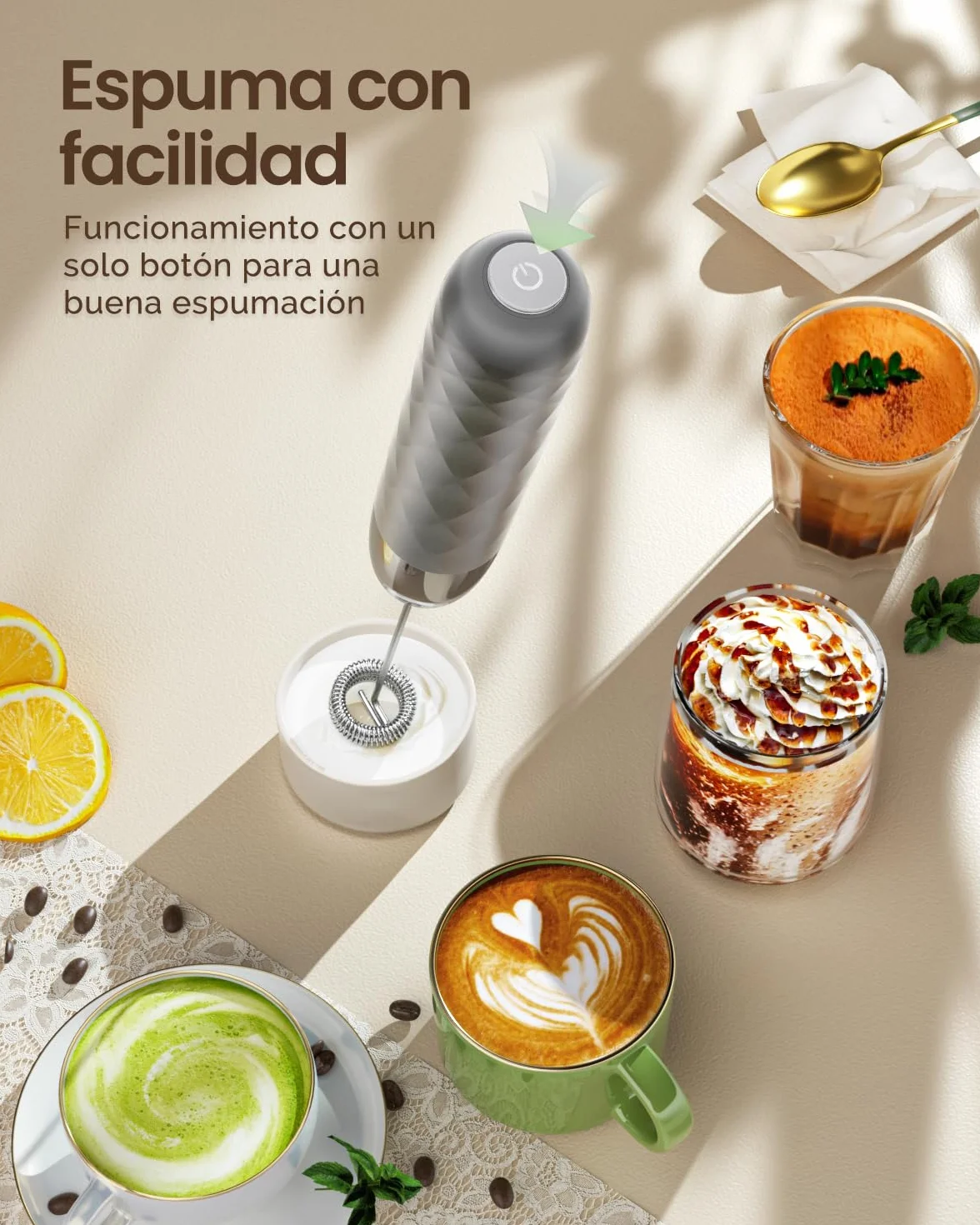 Maestri House Espumador de leche recargable, máquina de espuma eléctrica de mano, impermeable, desmontable, para matcha, latte, capuchino (Gris medio y plateado)