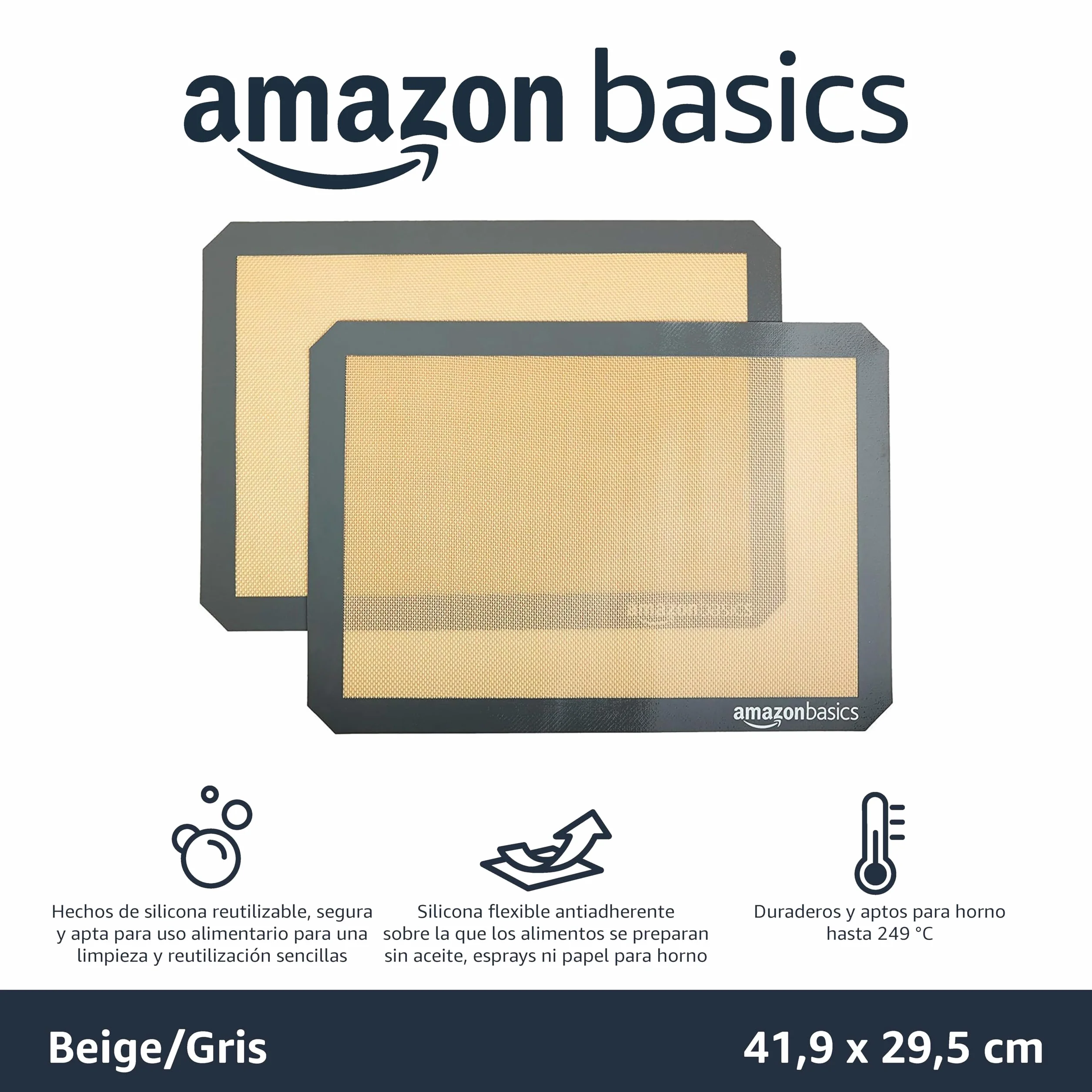 Amazon Basics Rectangular Tapete de Silicona para Hornear, Juego de 2 Unidad, Beige/Negro, 29.5cm x 42.0cm