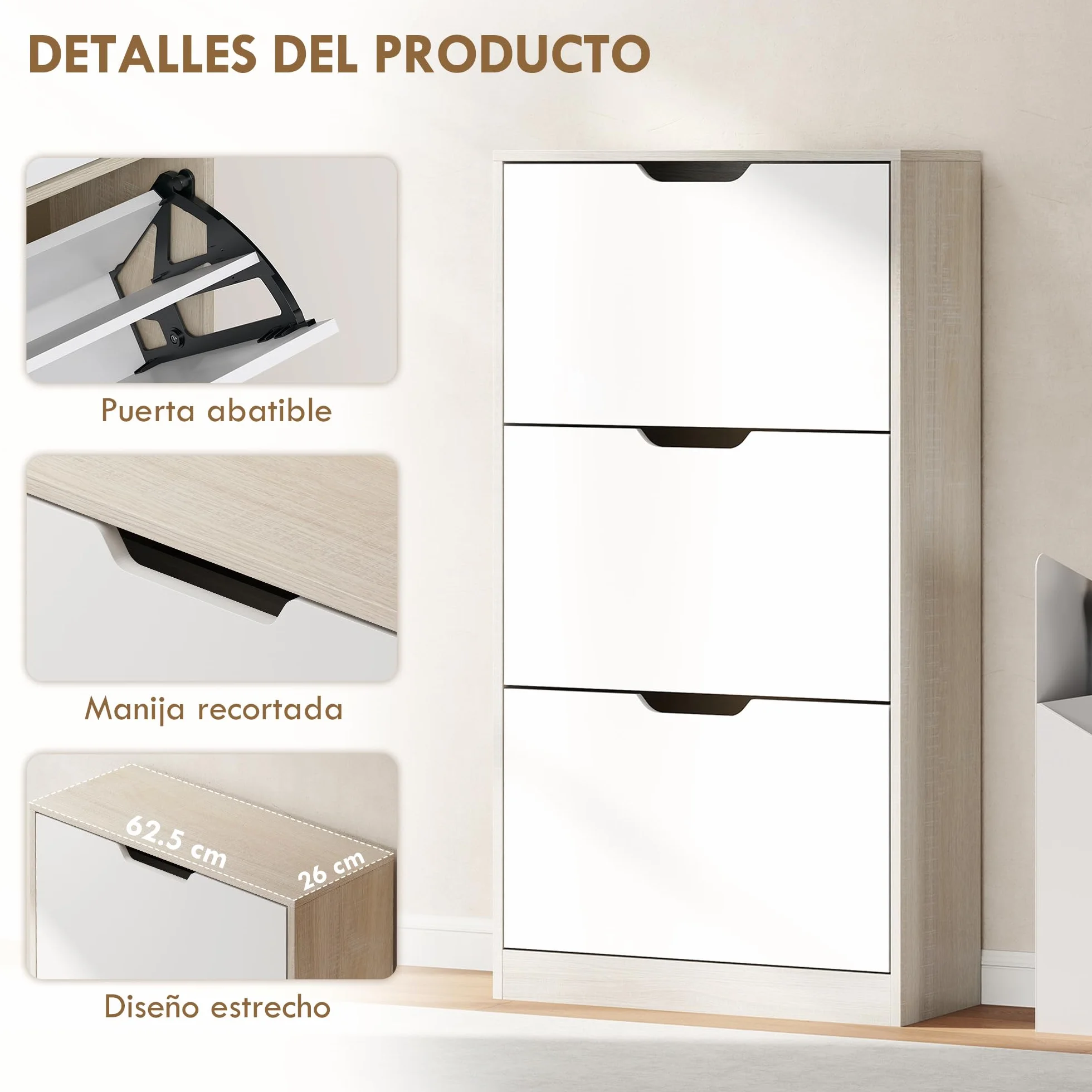 HOMCOM Zapatero Estrecho, 3 Puertas Abatibles, Zapatero Entrada Recibidor para 18 Pares de Zapatos, para Pasillo, Espacios Reducidos, 62,5x26x117,5 cm, Roble y Blanco