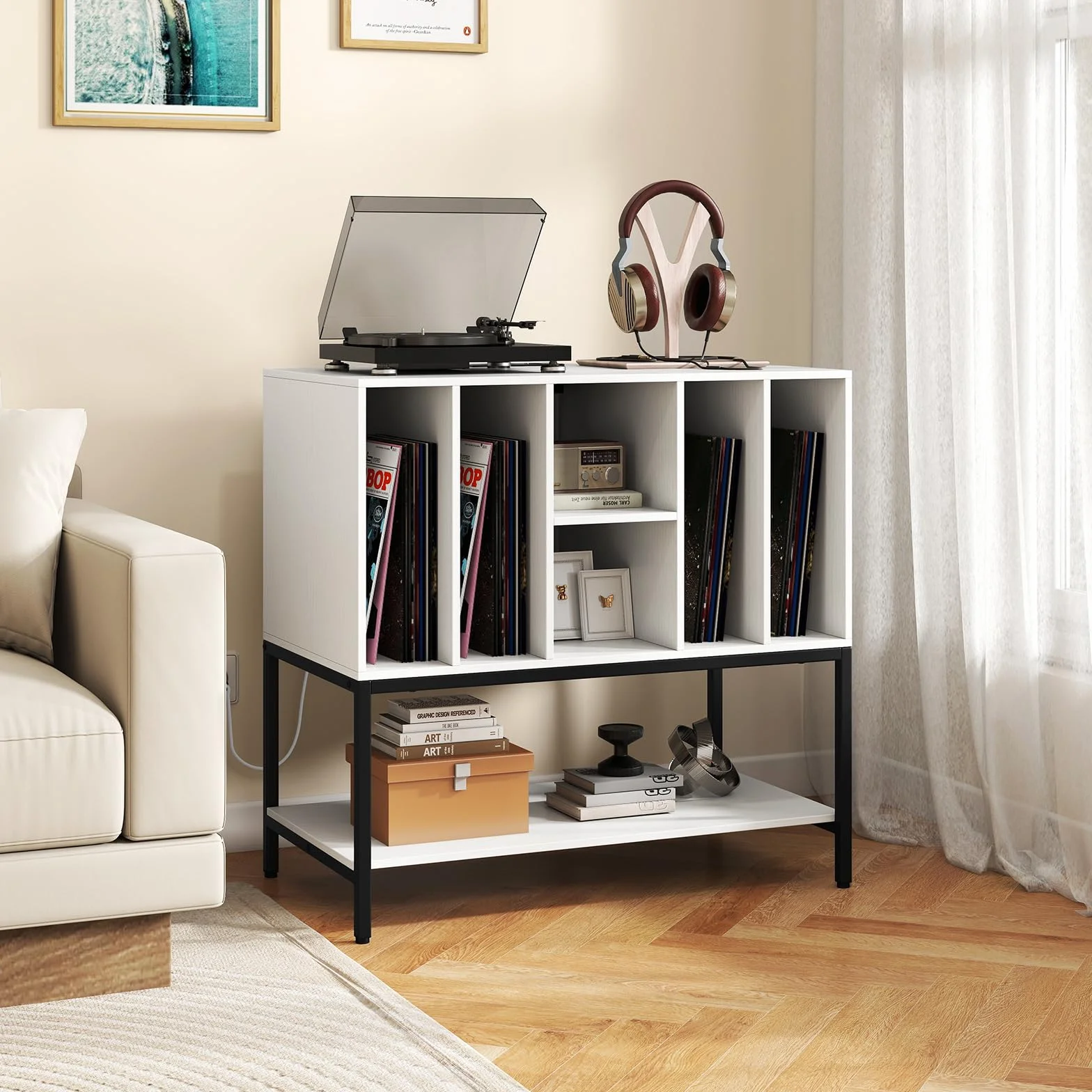 GIANTEX Soporte para Tocadiscos con 6 Compartimentos y Estante Abierto, Armario para Discos de Vinilo, 80 x 45 x 79,5 cm, Blanco