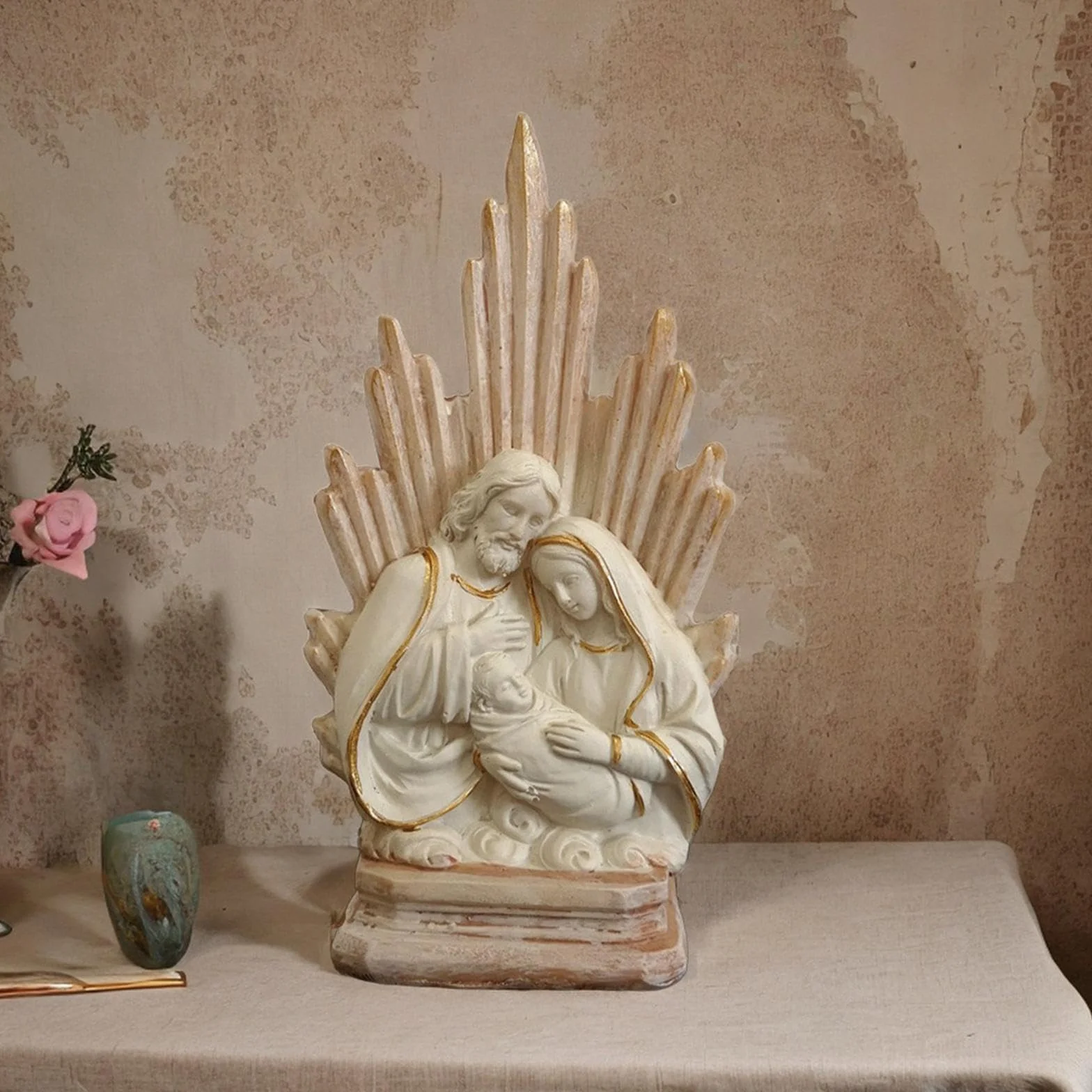 Figura Artesanal La Sagrada Familia Católica para Mesa Sala de Estar