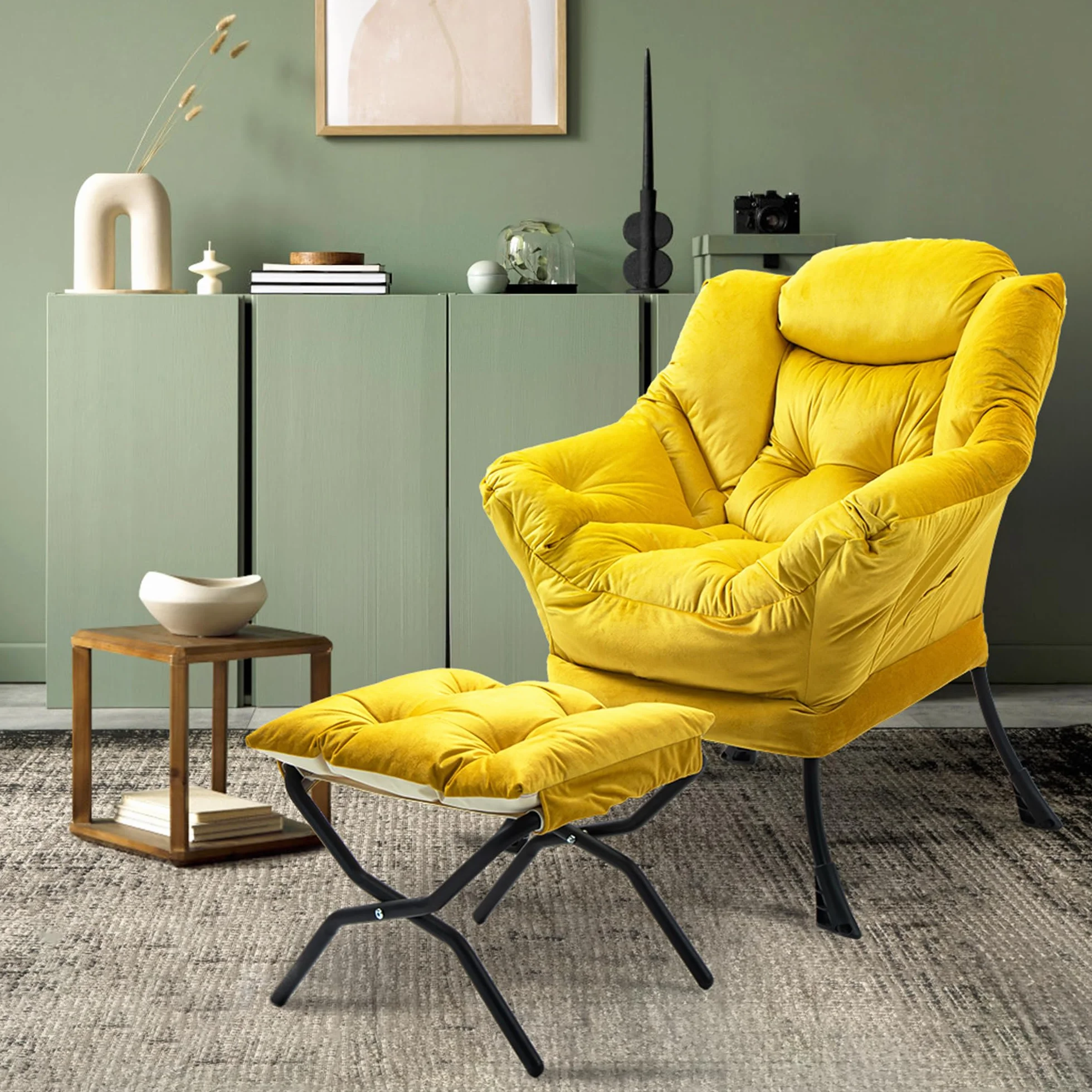 TIANSHU Sillon Relax Sillón con Reposapiés, Sillones para el Salón de Terciopelo, Butaca con Soporte para el Cuello Sillon Lectura Patas de Metal Butaca Dormitorio Sillón Tapizado (Amarillo)