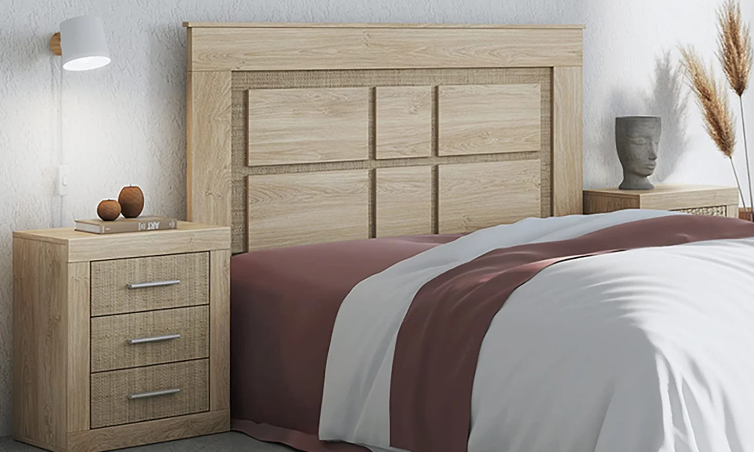 Conjunto de Cabecero + 2 Mesitas de Noche Color Roble Cambrian, Efecto Textil