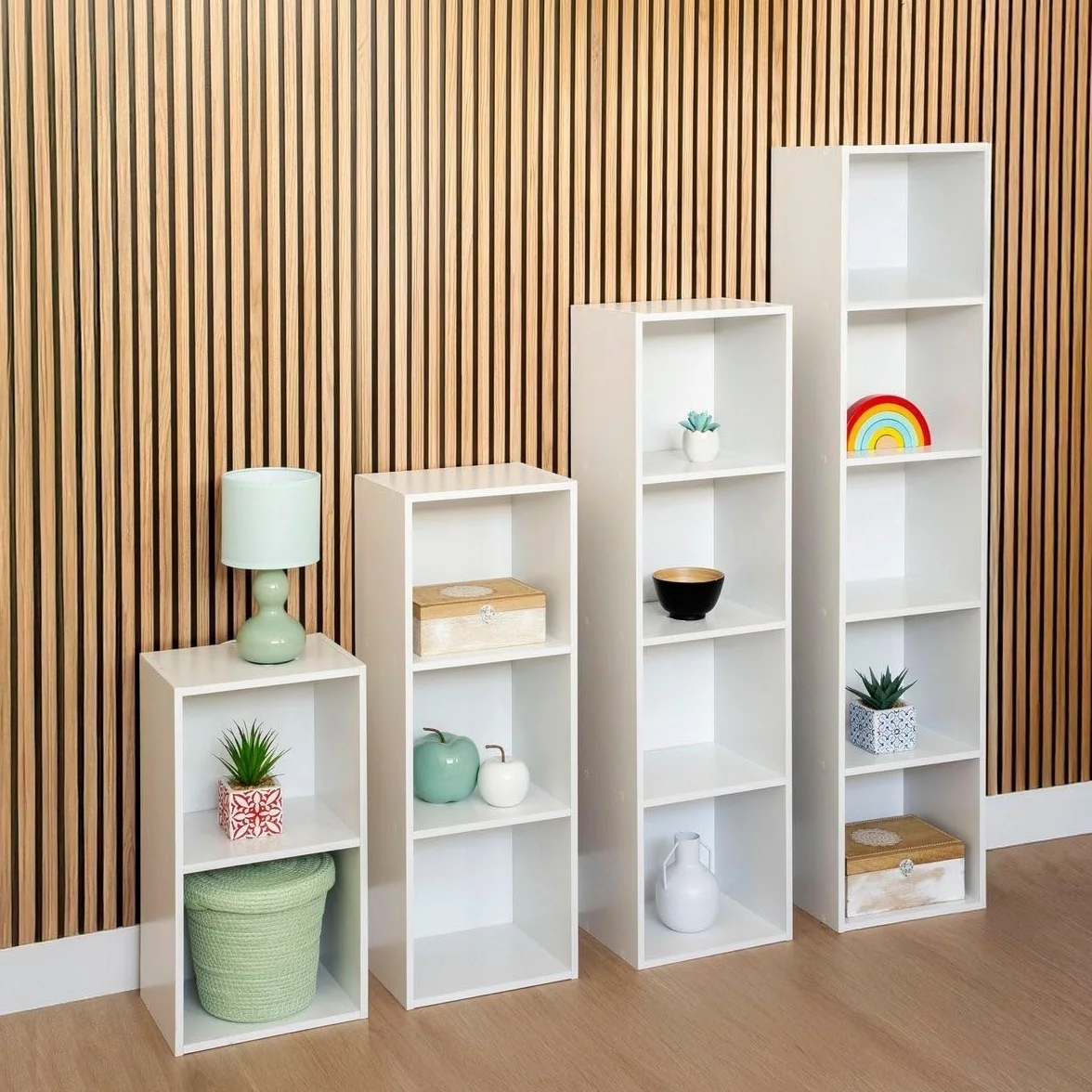 Estantería Librería Cubo 4 Estantes Tablero Laminado Blanco 106x30x24 Mueble Despacho Soporta 20 kg